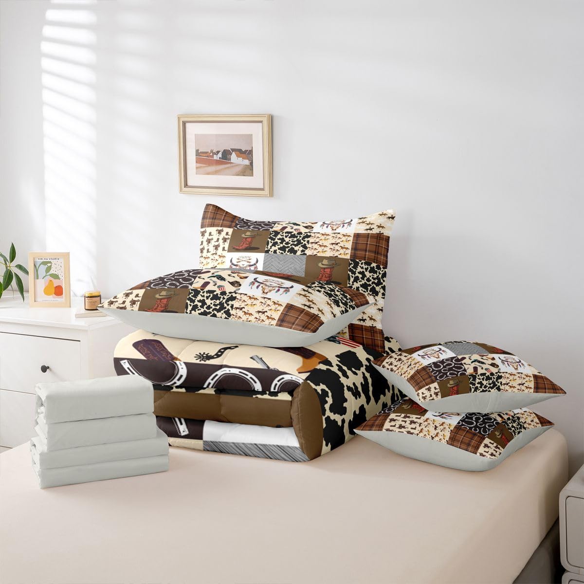 Erosebridal Country Western Twin Comforter Set with Sheets | Cowboy Boots Hat Rustic 7-Piece Bedding Set Horse Decor Cowboys Bed in a Bag, Farmhouse Cowhide Cow Skull Bed Sets,Brown