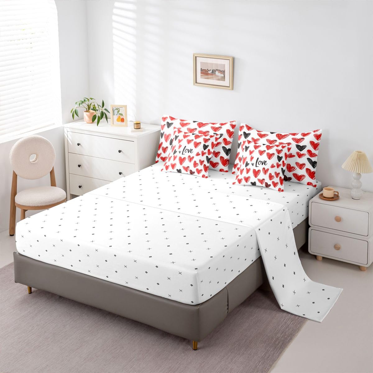 Erosebridal Couple Love Comforter Sets with Sheets - Red and Black Love Hearts Bedding Set Full for Boys Girls Romantic Gifts 7Pcs Bed in A Bag Valentines Day Bed Set