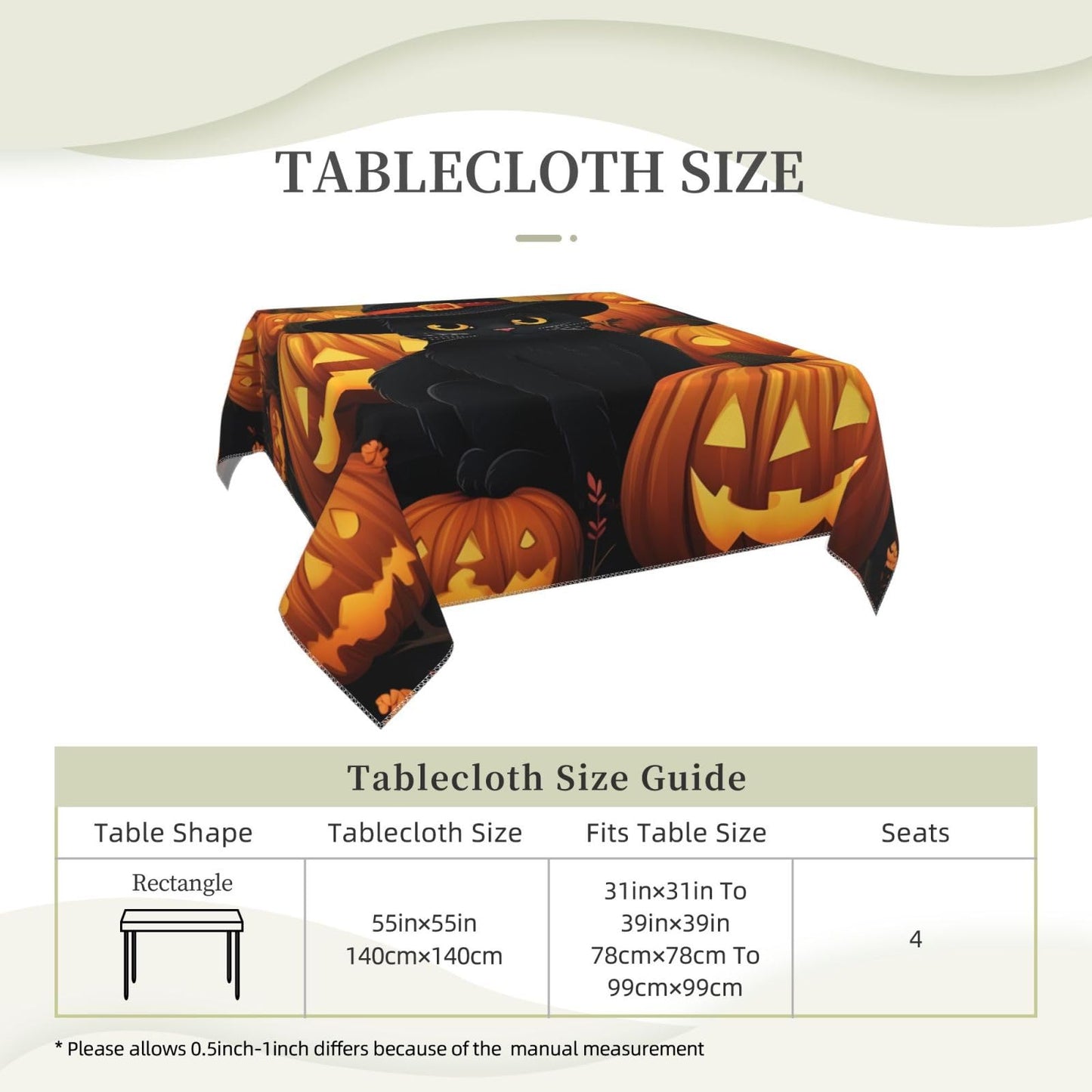 Entemne Square Table Cloth 55x55 Inch Halloween Pumpkin Pattern Cut Cat Tablecloth Washable Soft Wrinkle Free Dust Proof Card Table Cover for Tea Party Picnic Kitchen Dining Decor