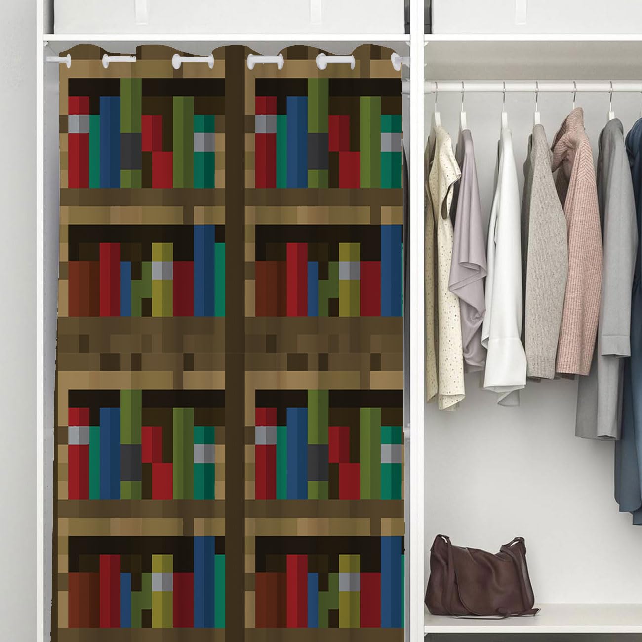 Wuminmin Pixelated Bookshelf Curtain, Educational Bookcase Pixel Art Video Game Closet Cover Curtain for Darkening Door Drape for Kids Teens Boys, 1 Panel 34" W x 80" L