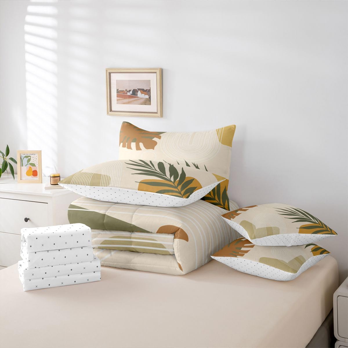 Erosebridal Beige Green Boho Full 7 Pieces Bedding Set, Mid Century Abstract Simple Comforter Set with Sheets, Modern Minimalist Arch Geometric Bed Sets, Tropical Palm Leaf Aesthetic Bed in A Bag