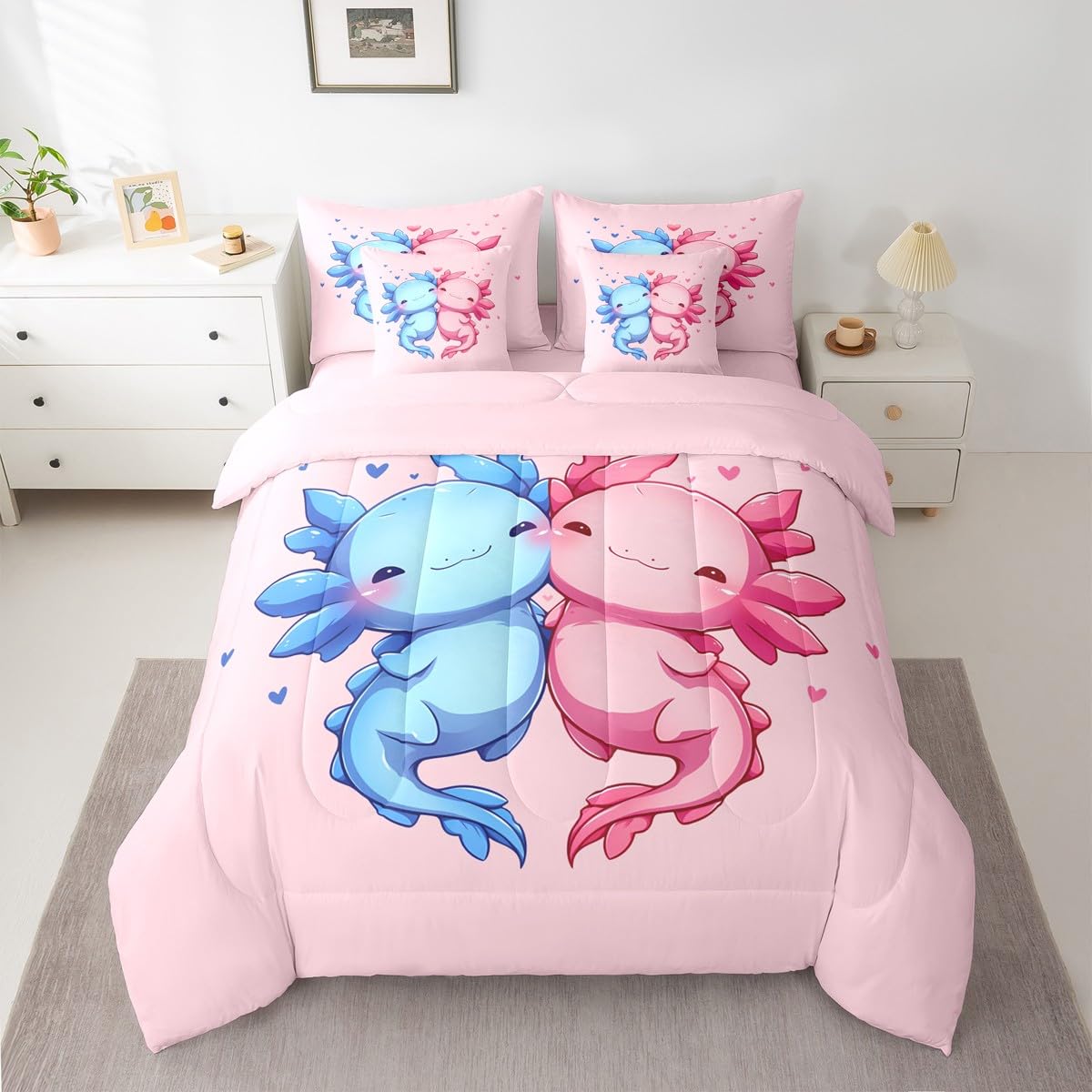 Erosebridal Pink Blue Cute Axolotls Queen Comforter Set Kids Kawaii Axolotls Bed in a Bag for Boys Girls Cartoon Love Heart 7-Piece Bedding Set Sealife Coastal Ocean Animal Quilt Duvet Sets