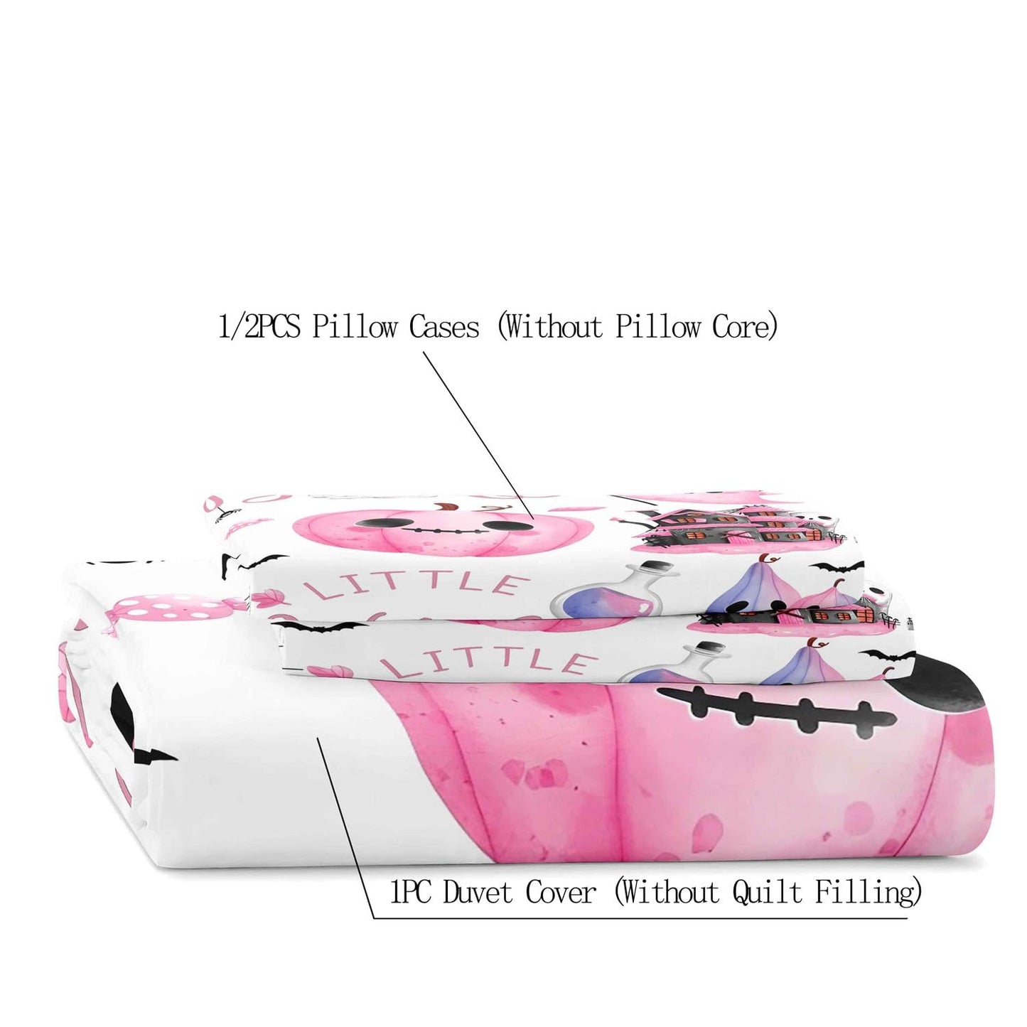 LUVIVIHOME 3PCS Pink Cute Ghost Pumpkin Duvet Cover Queen Bedding Sets, Kids Teen Girls Bedding, White Duvet Cover, Bat Spider Web Haunted House Spooky Witchy Halloween Comforter Cover, 2 Pillow Cases