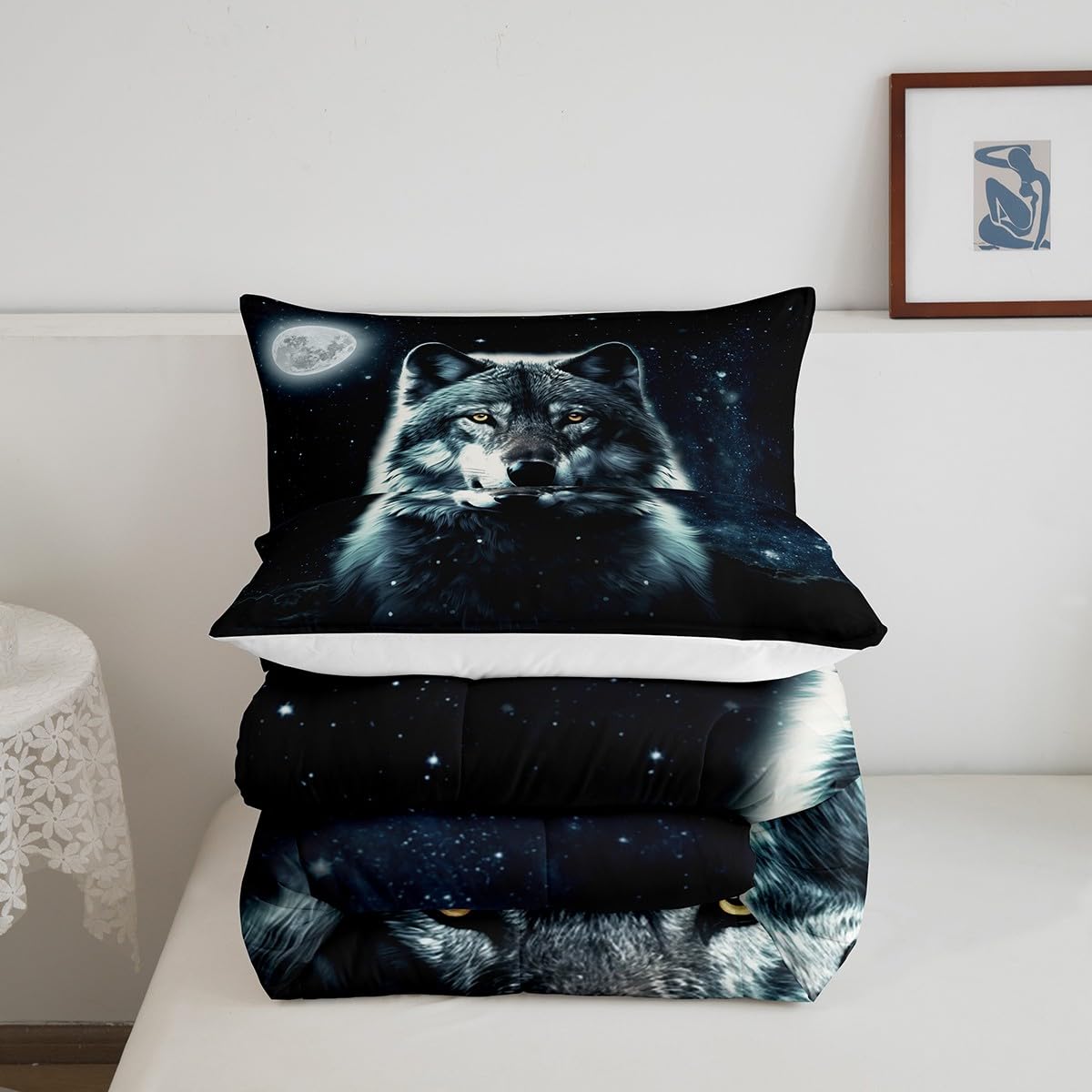 Manfei Galaxy Wolf Comforter Set Twin Size, Wild Animal Theme Quilt Set with 1 Pillowcase, Blue Starry Sky Moon Bedding Set 2pcs for Kids Boys Teens Room Decor Lightweight Duvet Insert