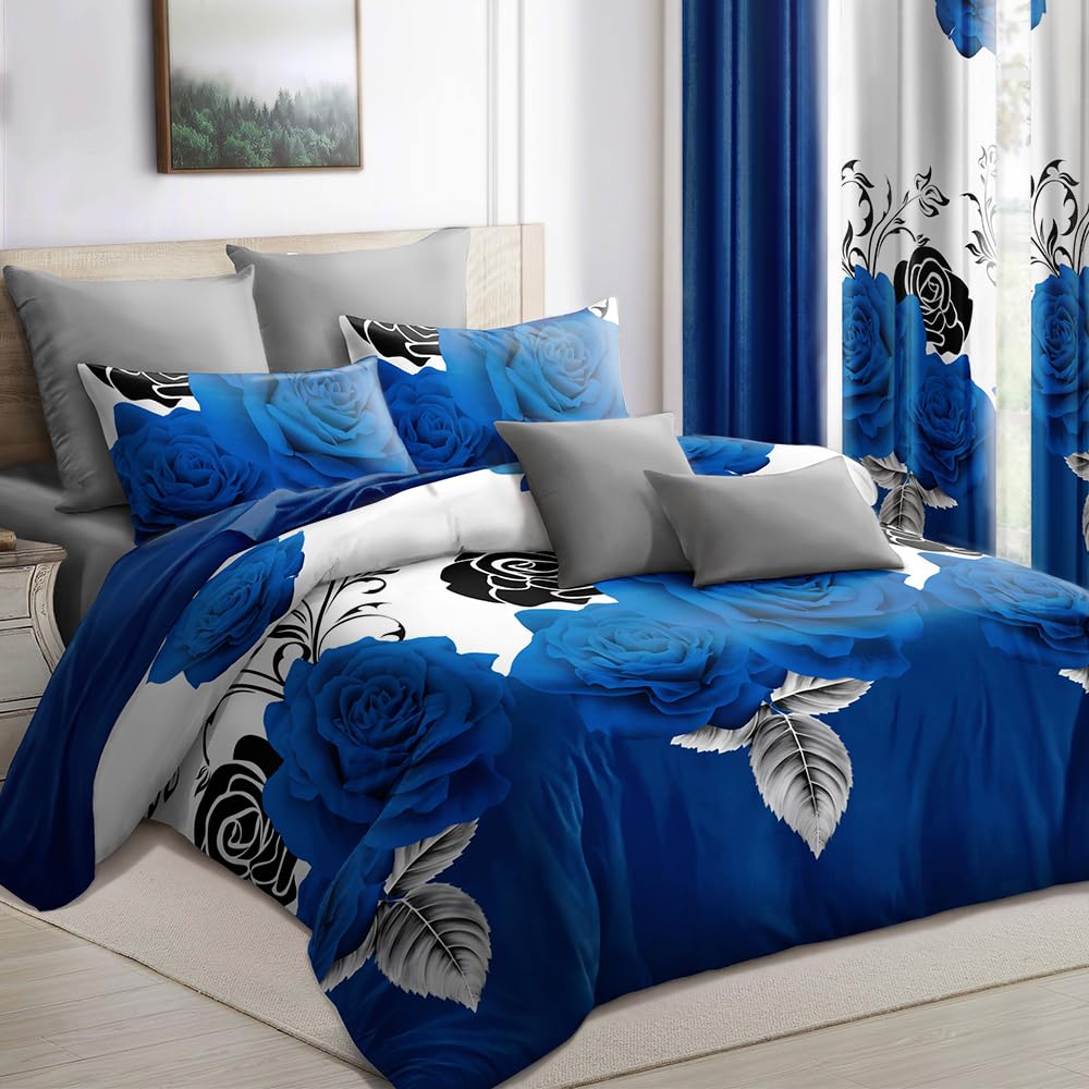 Elegant Blue Rose Floral King Light Comforter Set, Luxury 9-Piece Bed in a Bag King Bedspread with Matching Curtains Ultra Soft & Breathable Botanical Bedding, All-Season Decor for Master Suite