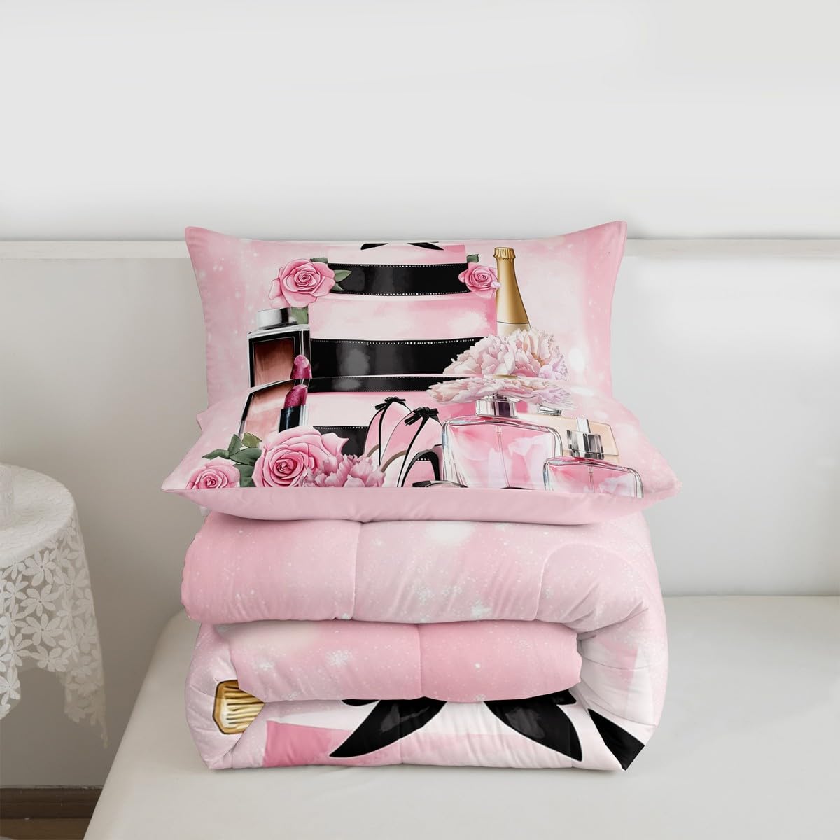 Erosebridal Fashion Luxury Girly Comforter King Size Pink Floral Bedding Set for Girls Women Kids High Heel and Perfume Bed Sets Boho Coquette Trendy Elegant Aesthetic Duvet Insert,Pink and Black