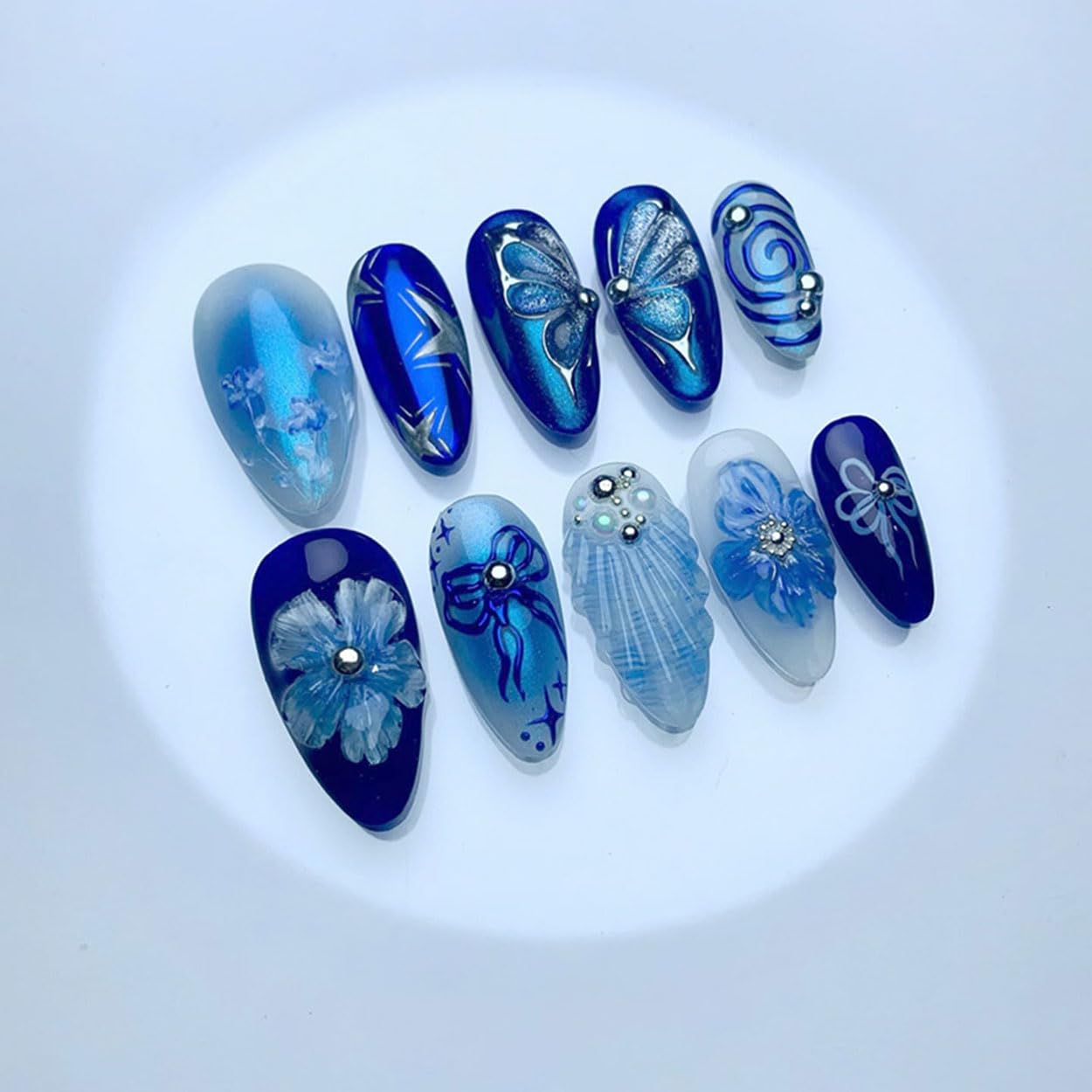 Press on Nails Almond Medium Blue Fake Nails French Tip False Nails Press ons with Butterfly Design Glue on Nails Artificial Acrylic Nail Art Glossy Full Cover Stick on Nail Supplies for Women 24Pcs