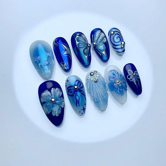 Press on Nails Almond Medium Blue Fake Nails French Tip False Nails Press ons with Butterfly Design Glue on Nails Artificial Acrylic Nail Art Glossy Full Cover Stick on Nail Supplies for Women 24Pcs