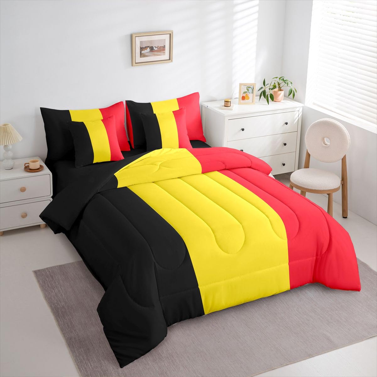 Feelyou Belgian Flag Comforter Set with Sheets 7 Piece King Size Belgium Bedding Set for Kids Boys Girls World Countries Bed in a Bag International Flag Room Decor Soft Lightweight Microfiber