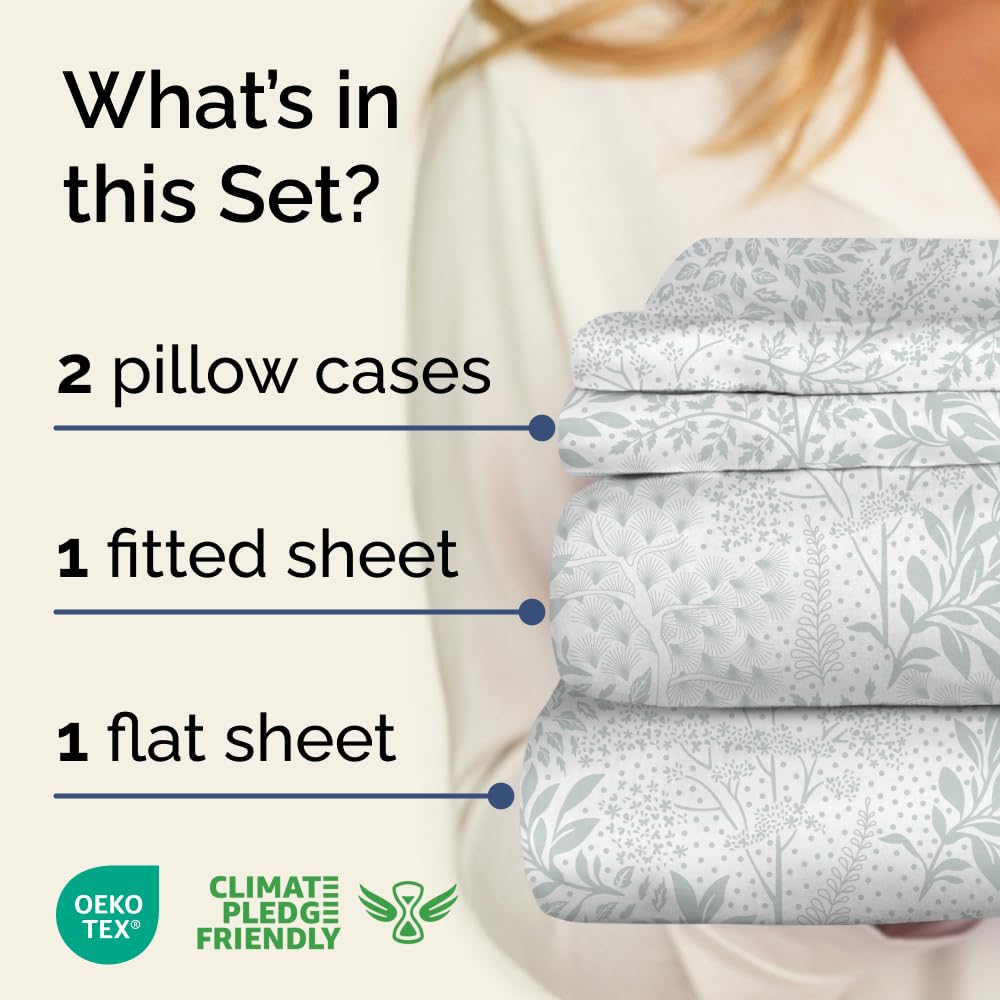 Floral Sheets - Grey Floral Bed Sheet Set - 1 Flat, 1 Fitted & 2 Pillowcases w/ Deep Pockets - Comfy, Wrinkle & Fade Free - Boho Botanical Bedding - Ultra-Soft, Breathable & Cooling - King Size