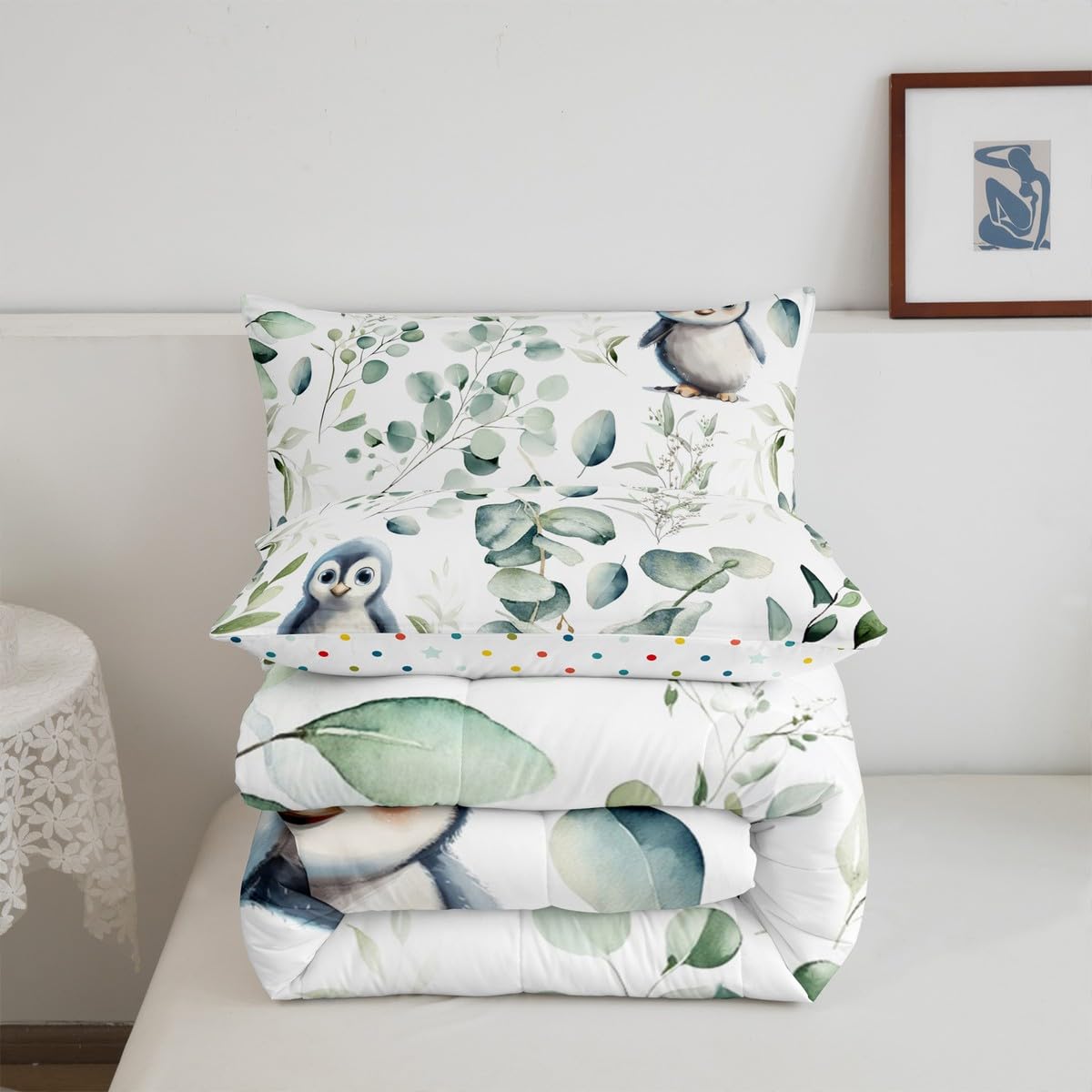Erosebridal Cartoon Penguin Bedding Twin Toddler Woodland Wildlife Comforter Set, Plant Duvet Insert Eucalyptus Leaf Quilt Comforter, Antarctic Animal Theme Bedding Comforters & Sets Kids Room Decor