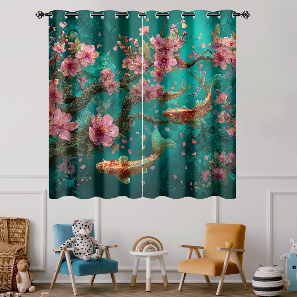 XSUPFLYM Classic Asian Japanese Fish Privacy Perforated Curtains Traditional Aesthetic Spring Underwater Fish Plant Cherry Blossom Curtains Top Grommets Window Treatment 2 Panels.Each 21" W x 54" L