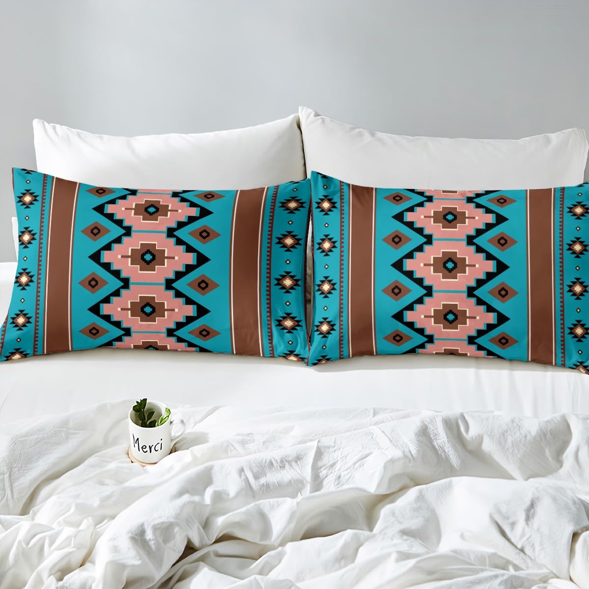 Feelyou Boho Aztec Bed Sheets Set King Size West Deep Pocket Fitted Sheet Teel Brown Bedding Sets Western Soft Bed Set 4Pcs with 2 Pillow Cases