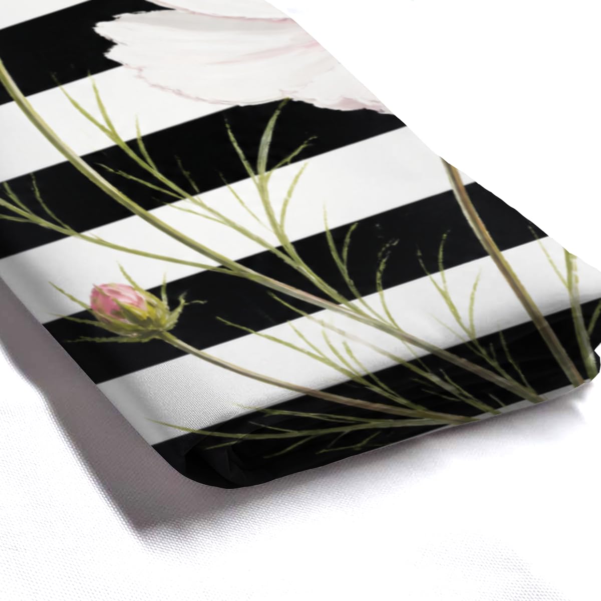 TopPacific Cosmos Flower Stripe Shower Curtain 72x72 Inch Shower Curtain with 12 Hooks Polyester Pink Cosmos Flowers Green Stems Black White Stripes Bathroom Decor
