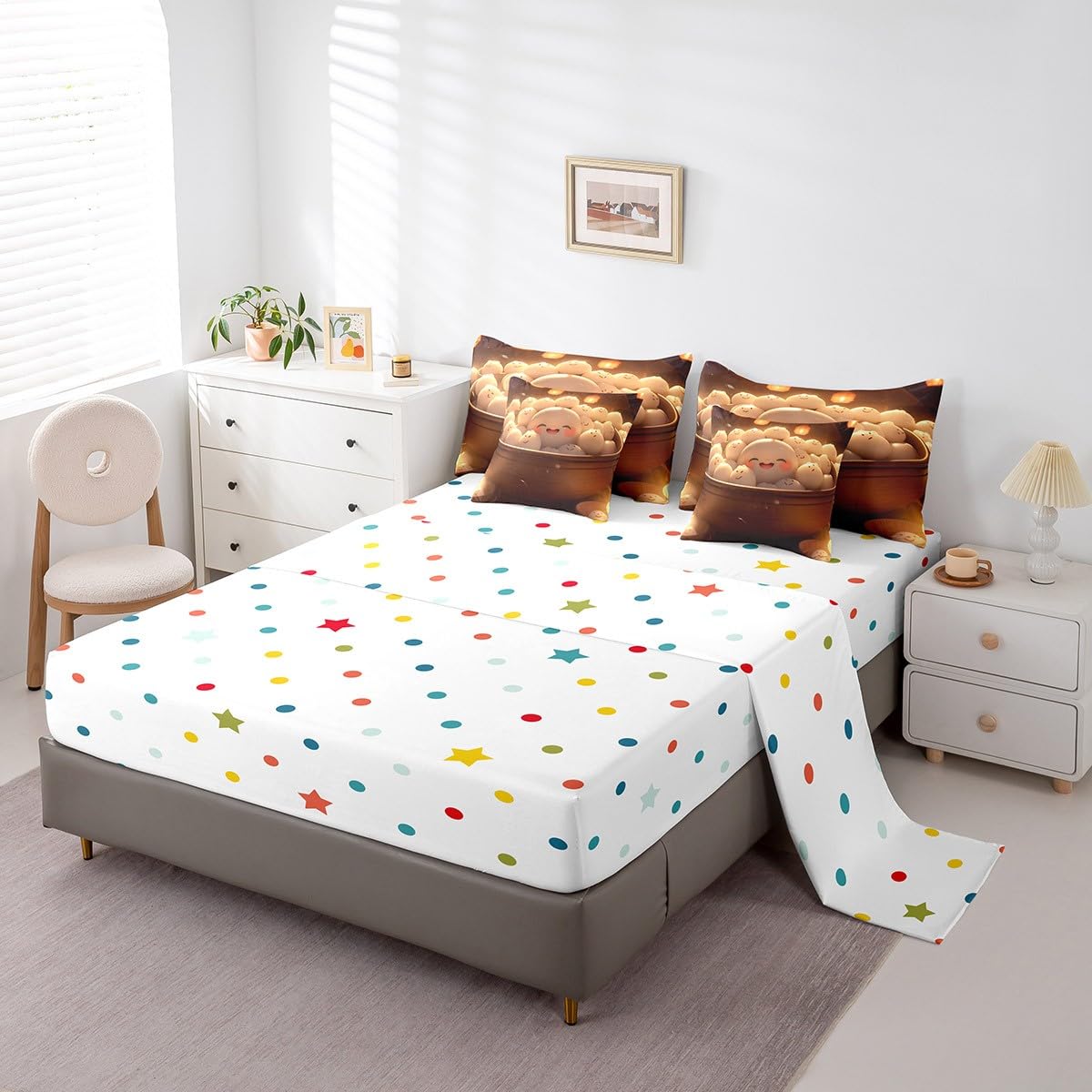Erosebridal Sweet Dumpling Bedding Set King Size, Cute Dumpling Comforter Set, Traditional Chinese Food Kids Teens (Comforter+Fitted+Flat Sheet+2 Pillowcases+2 Throw Pillow Covers) 7 Pieces Bed Set