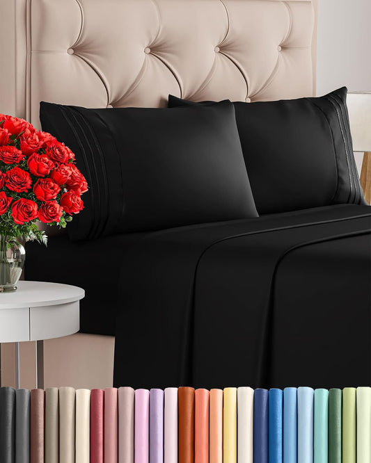 Queen Size 4 Piece Sheet Set - Comfy Breathable & Cooling Sheets - Hotel Luxury Bed Sheets for Women & Men - Deep Pockets, Easy-Fit, Extra Soft and Wrinkle Free Sheets - Black Oeko-Tex Bed Sheet Set