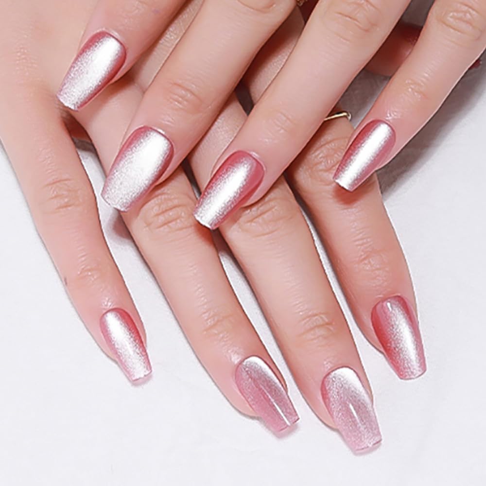 evpct Pink Cat Eye Press on Nails Square Medium Coffin No Glue, Medium Square Stick on Nails for Women, Plum Pink Metallic Glitter Glossy Reusable Spring Summer Press on Acrylic Fake Nail with Design