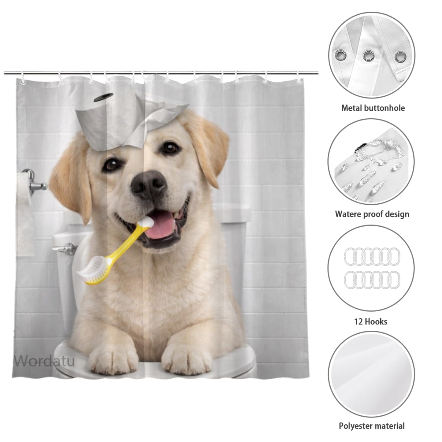 Wordatu Funny Labrador Retriever Dog Shower Curtain, Love Brushing Teeth Bathroom Decor, Waterproof Polyester Fabric 72x72 Inch with 12 Hooks(24860)