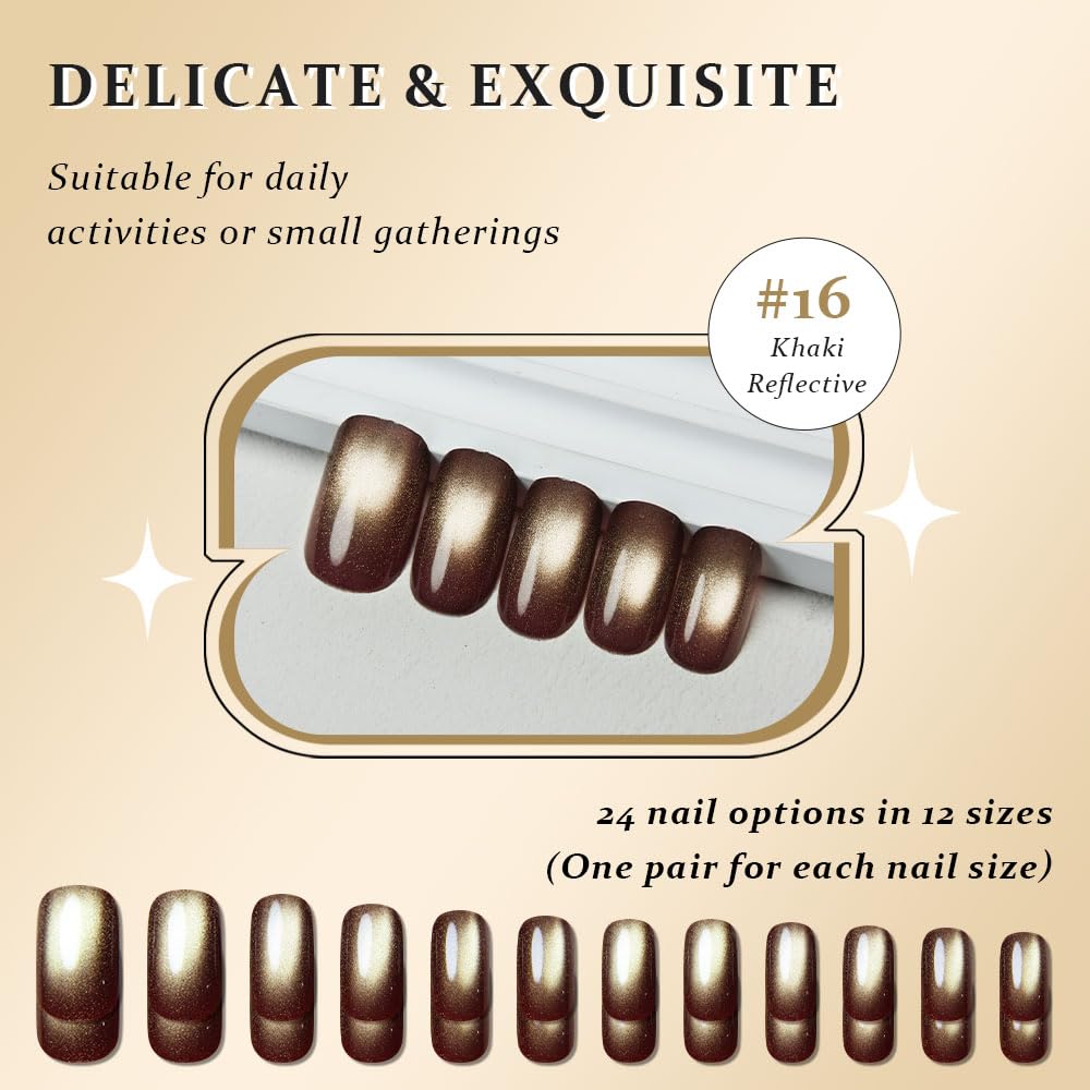 Brown Khaki Reflective Cat Eye Press on Nails Medium Square, Medium Square Press Stick on Nails Chrome for Women, Holographic Glitter Glossy Reusable Gel Acrylic Fake Nail with Designs Cateye Effect
