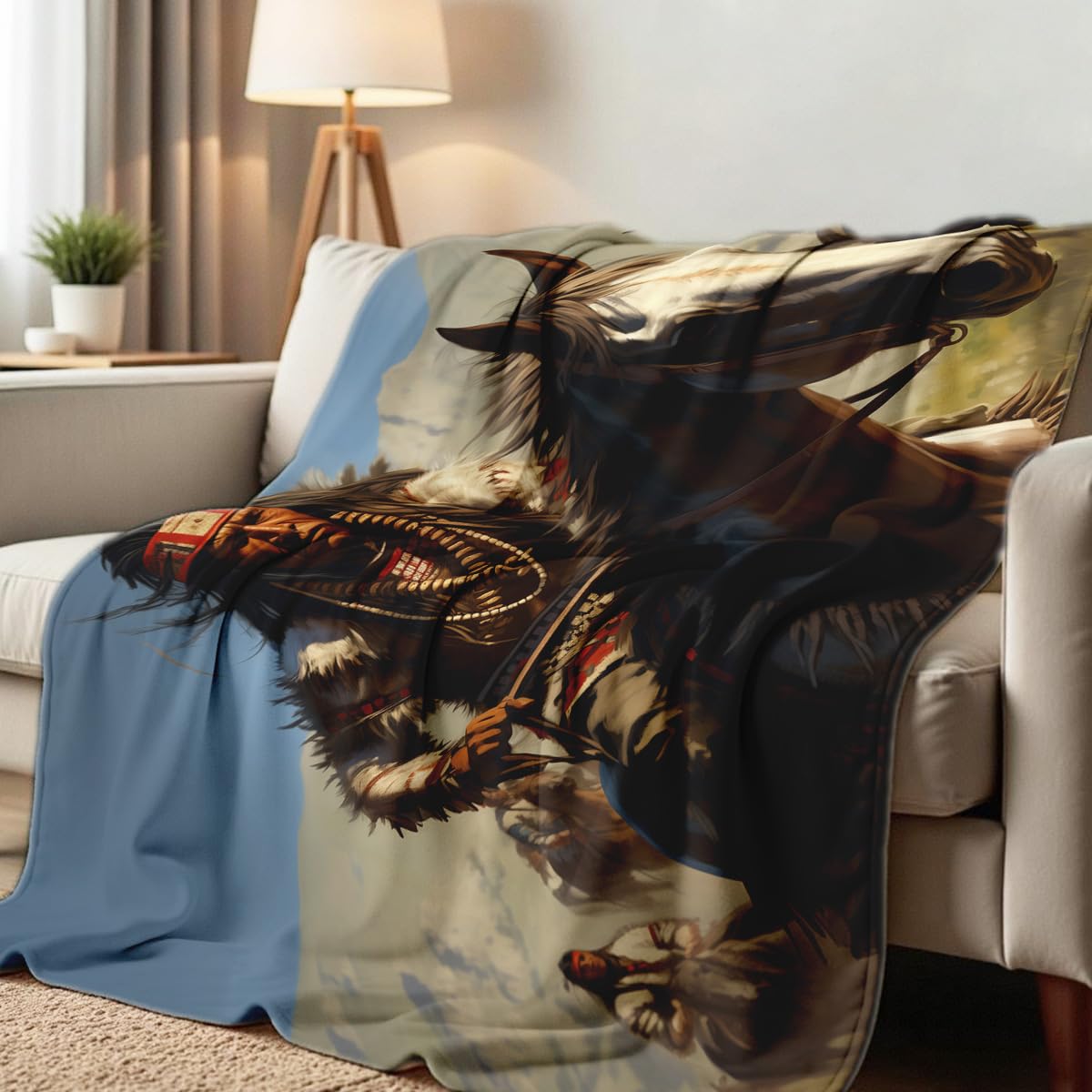 HUNXIAOJ Native American Blankets for Men Indian Print Blankets and Throws for Couch Bed Room Home Western Decor Flannel Throws Queen Size Native American Indian Gifts (49"x59")