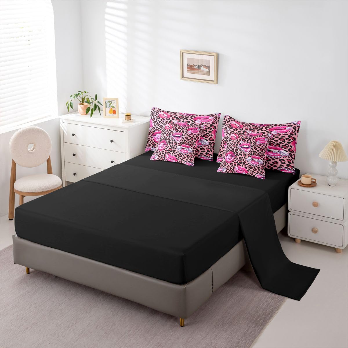Erosebridal Pink Leopard Print Twin Size Bedding Set Sparkling Diamond & Pearl 7 Pieces Comforter Set with Sheets Women Girl Y2K Charming Lips Bed in a Bag Girly Cheetah Print Bed Sets