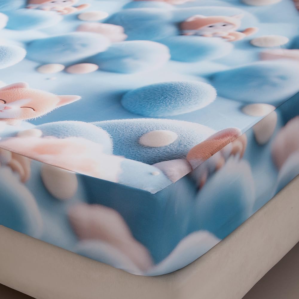 NATURETY Bedding Fitted Sheet with Deep Pocket,3D Simulated Cats Pattern Printed Fabric Bed Sheets (Blue Cats,Twin)