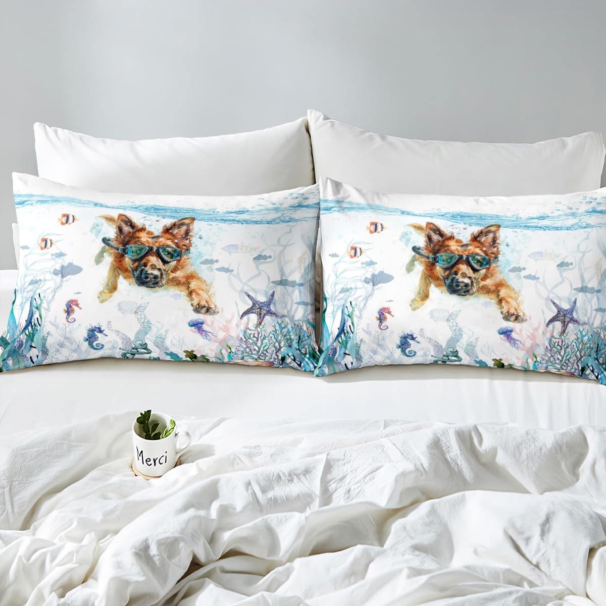 Feelyou Cute Dog Bed Sheet Set Twin Size German Shepherd Fitted Sheet for Kids Boys Girls Room Decor Ocean Bedding Set Puppy Dog Bed Cover Deep Pocket Bed Set