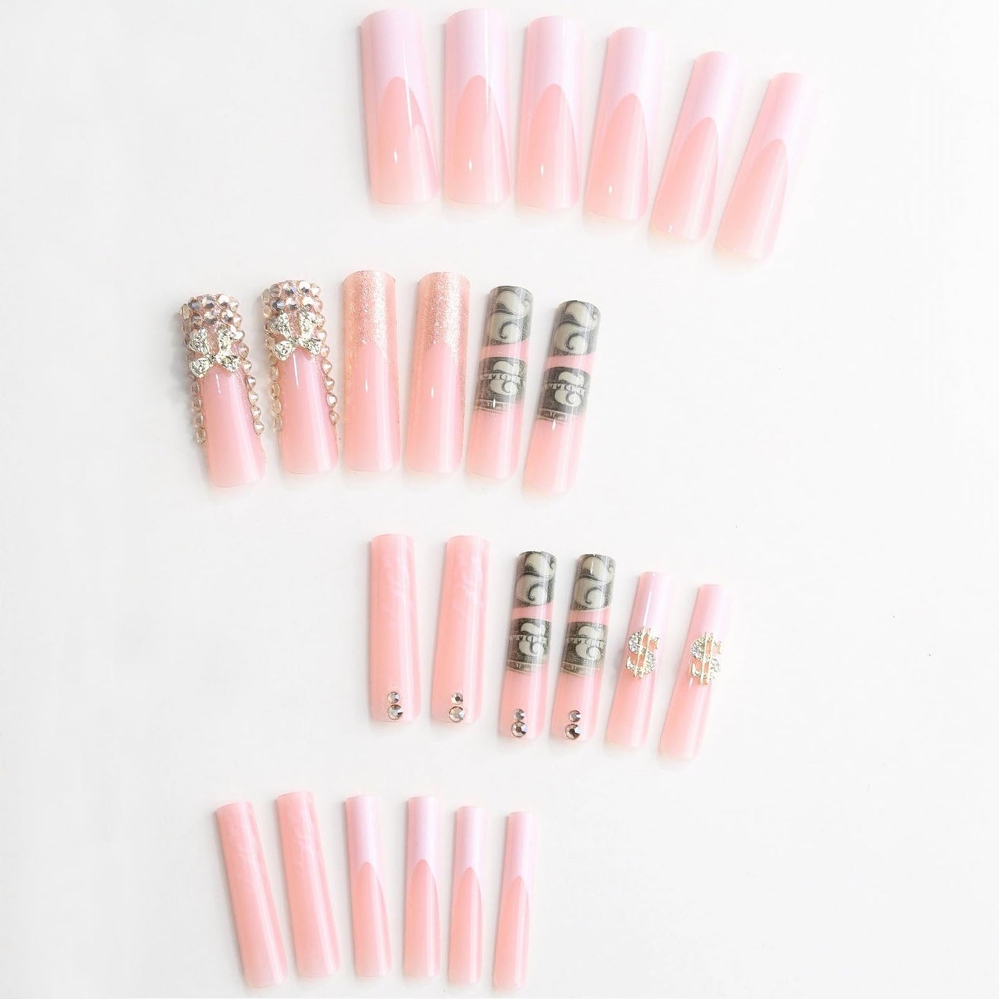 MISUD Press on Nails - Extra Long Square Glue on Nails with French Tip, Acrylic Dollar Money Rhinestone Design 24 pcs