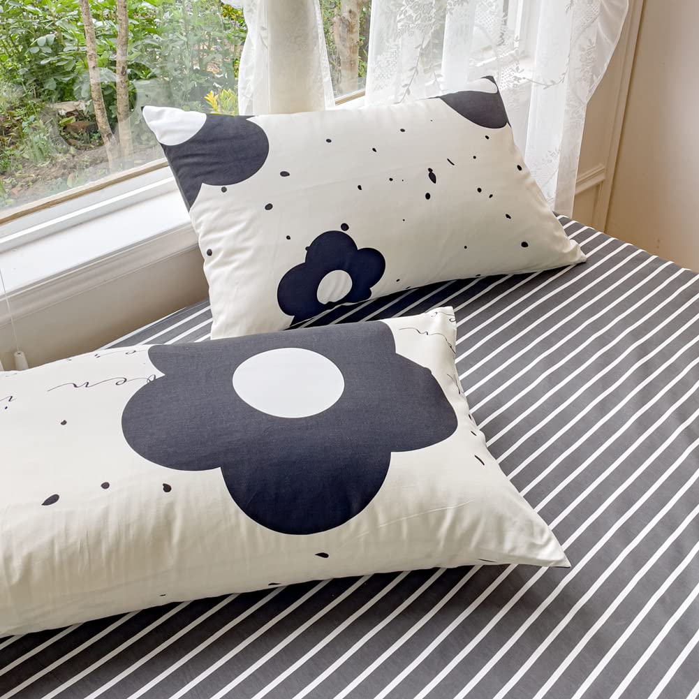 LIWHENHAO Floral Duvet Cover Set Queen 100% Cotton Bedding Cartoon Black and White Flower Print 1 Kawaii Botanical Comforter Cover Full Zipper Closure 2 Pillowcases for Kids Girls Boys Woman