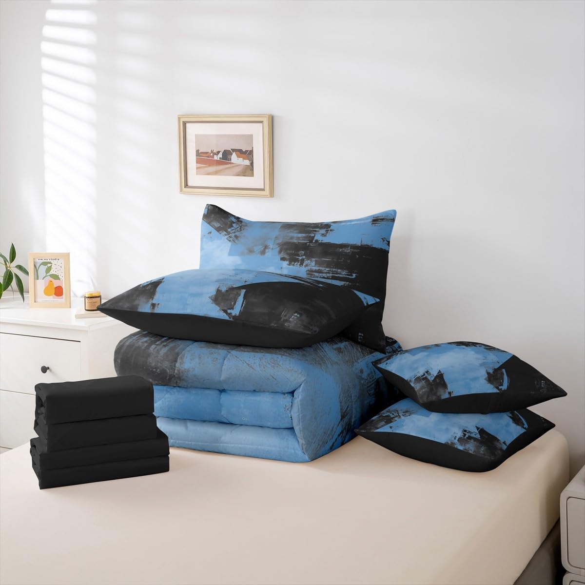 Feelyou Abstract Comforter Set with Sheets 7 Piece King Size Modern Abstract Art Bedding Set for Kids Boys Girls Luxury Bed in a Bag Geometric Room Decor Deep Blue Soft Lightweight Microfiber