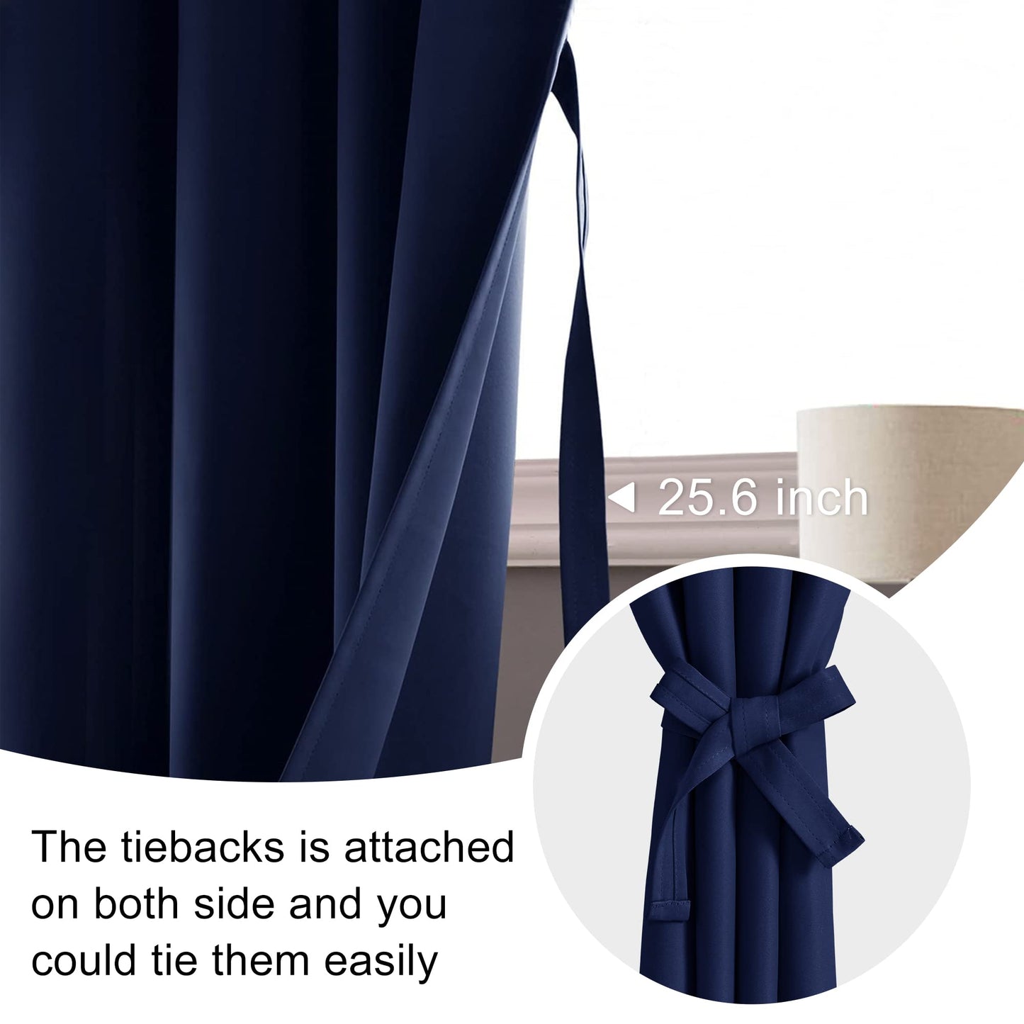 JIUZHEN Blackout Curtains for Bedroom– Thermal Insulated,Noise Reducing Room Darkening Drapes for Living Room, Rod Pocket Curtains with Tiebacks, Set of 2 Panels, 42 x 63 Inch Length, Navy Blue