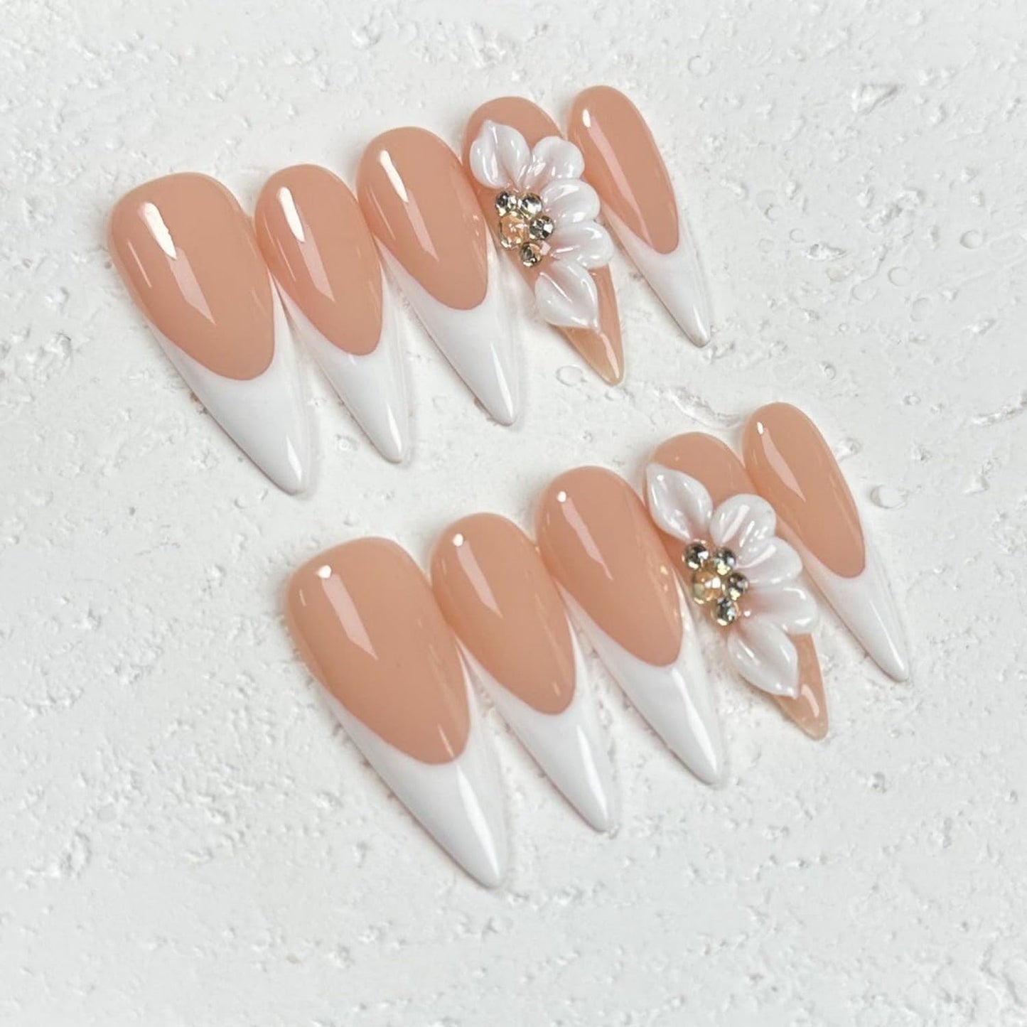White French Press on Nails Long Stiletto False Nails with 3D Flower Designs Handmade Fake Nails Handmade Muti-Layer Gel Acrylic Full Cover Stick on Nails for Women（Size M)