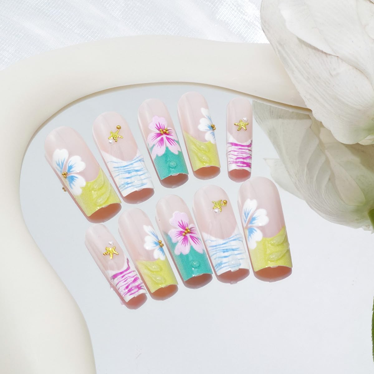 24Pcs Long Square Press on Nails Spring Floral Fake Nails with 3D Flower Starfish Pearl Rhinestones Designs Glitter Full Cover Nude Pink Glue on Nails Cute False Nails for Women Acrylic Manicure Decor