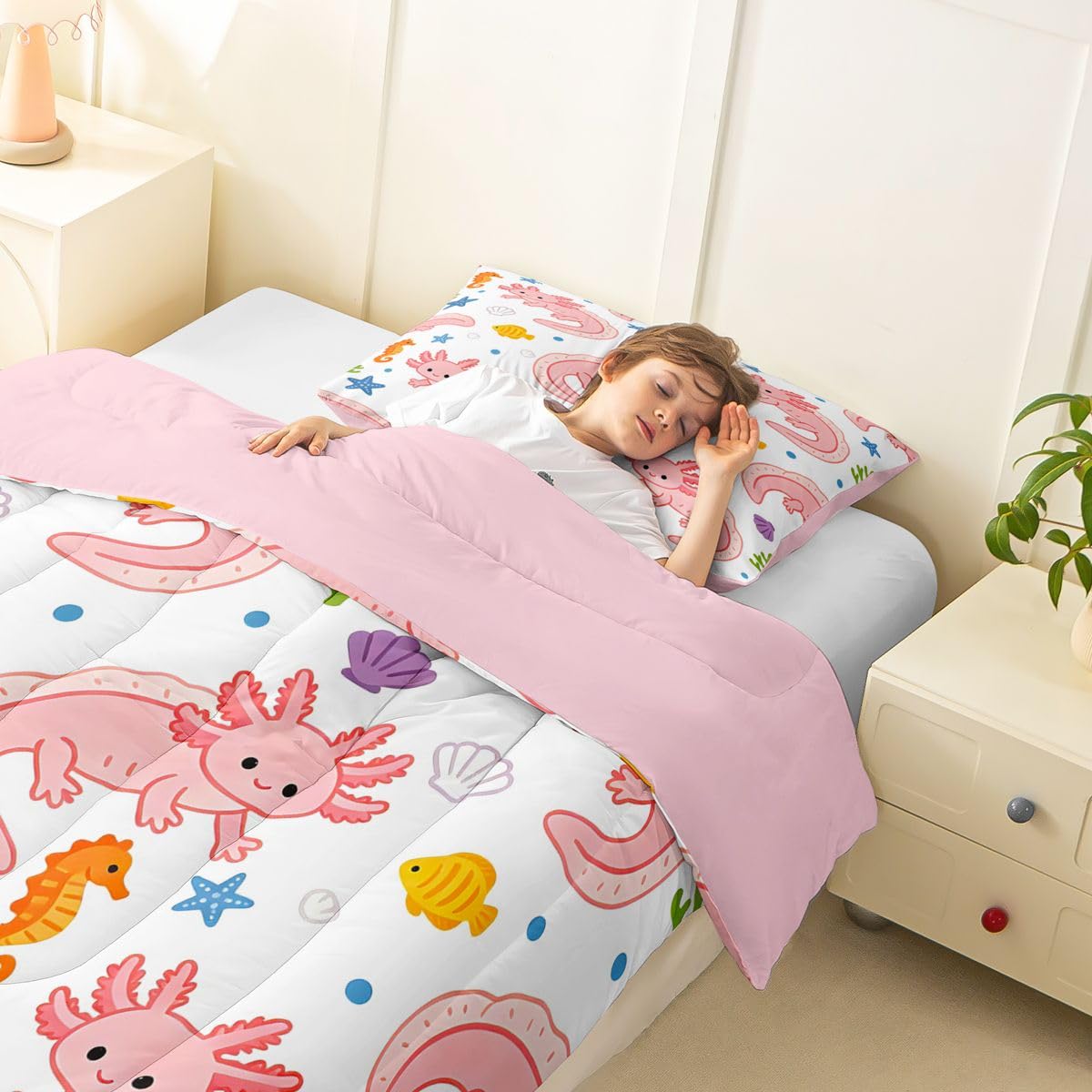 Cartoon Axolotl Kids Comforter Toddler Size,Kawaii Salamander Ocean Sealife Print Quilt Set for Kids Boys Girls Bedroom Decor,Cartoon Ocean Wildlife Bedding Set,Pink White Duvet Insert,1 Pillowcase