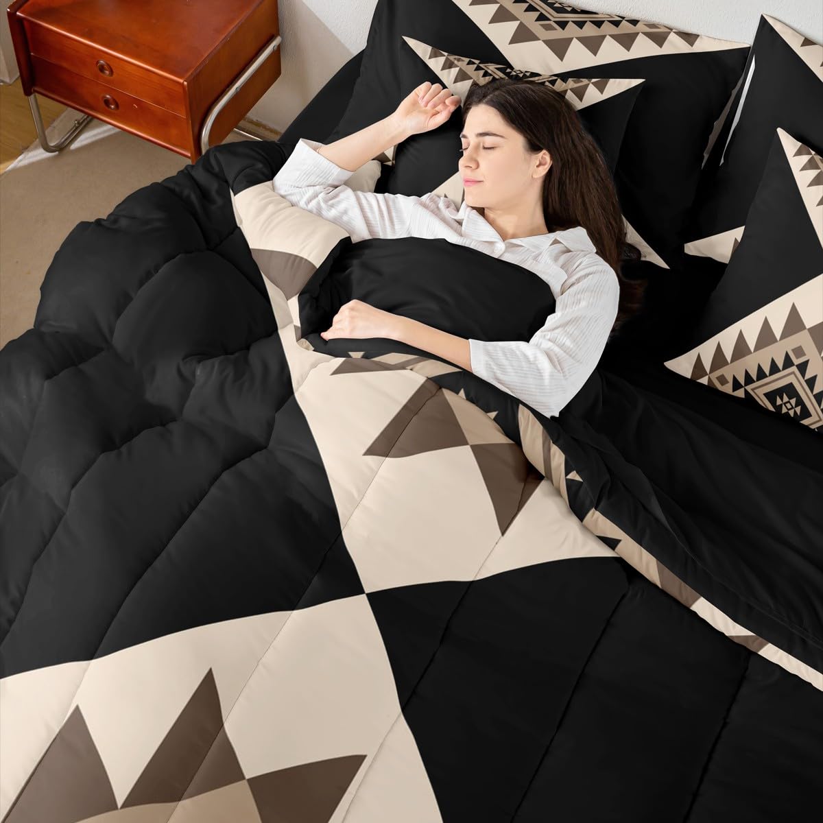 Erosebridal Black Beige Abstract King 7-Piece Bedding Set for Adult Women Men Modern Boho Western Aztec Comforter Set Geometric Stripes Bed in a Bag Stylish Art Southwestern Bed Collections
