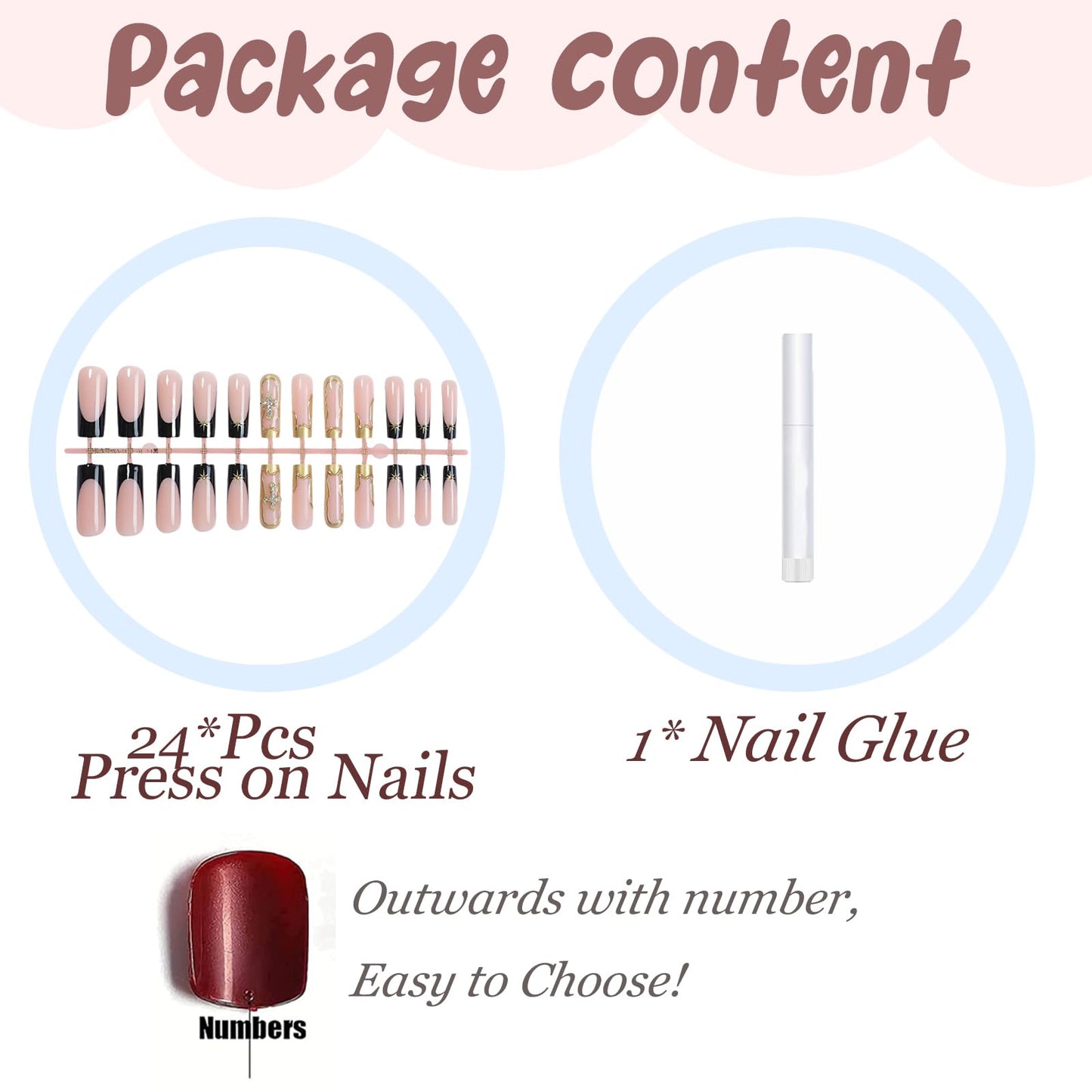 BABALAL Press on Nails Long Square Fake Nails Black Gold Goth Glue on Cross Charm Luxury Design 3D Handmade French Tip Acrylic 24Pcs Glossy Manicure Full Cover Stick on Nails