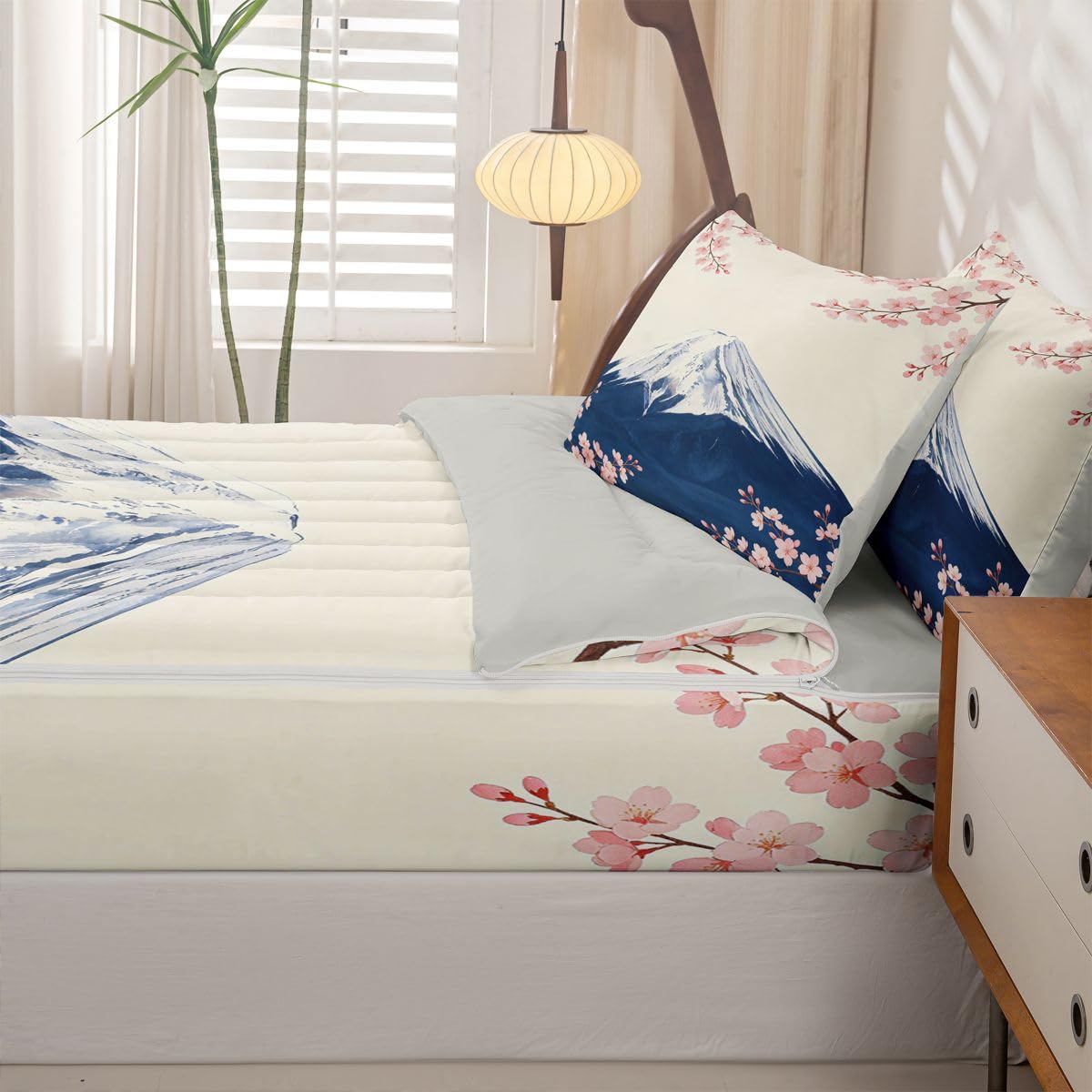 Feelyou Japanese Zipper Bedding Full Cherry Blossom Zipper Bedding Sets for Kids Boys Girls Mount Fuji Japan Comforter Set with Fitted Sheet and 2 Pillowcases Bedroom Decor