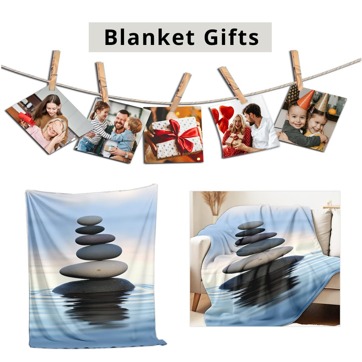 HUNXIAOJ Zen Stone Print Blanket Throw Soft Spa Zen Flannel Blanket for Home Bedding Couch Bed Yoga Room Meditation Decor Gifts (49"x59")