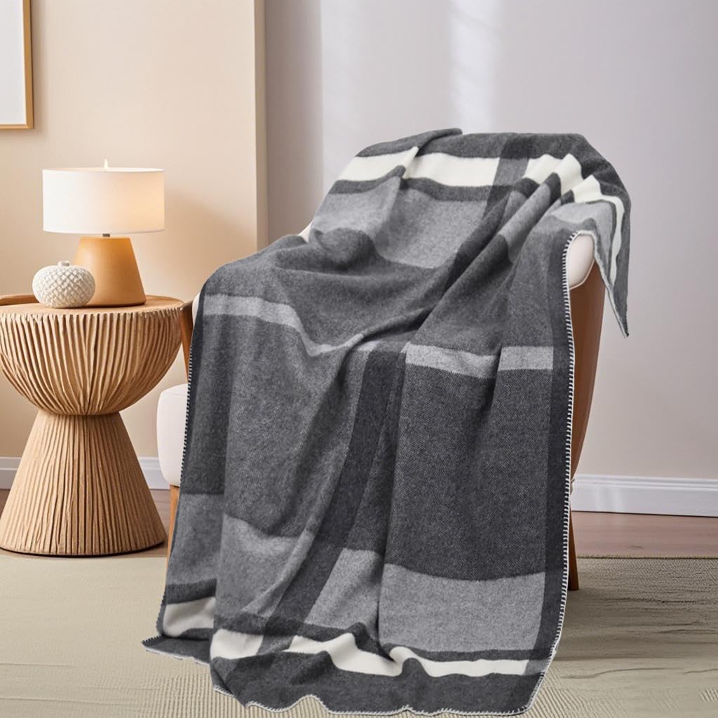 100% Wool Checkered Print Throw Blanket 71 x 47 Inches, Soft Breathable Cozy Blanket Decorative Throw Blanket for Couch Home Bedroom Reading Chair Decor, Charcoal Grey White