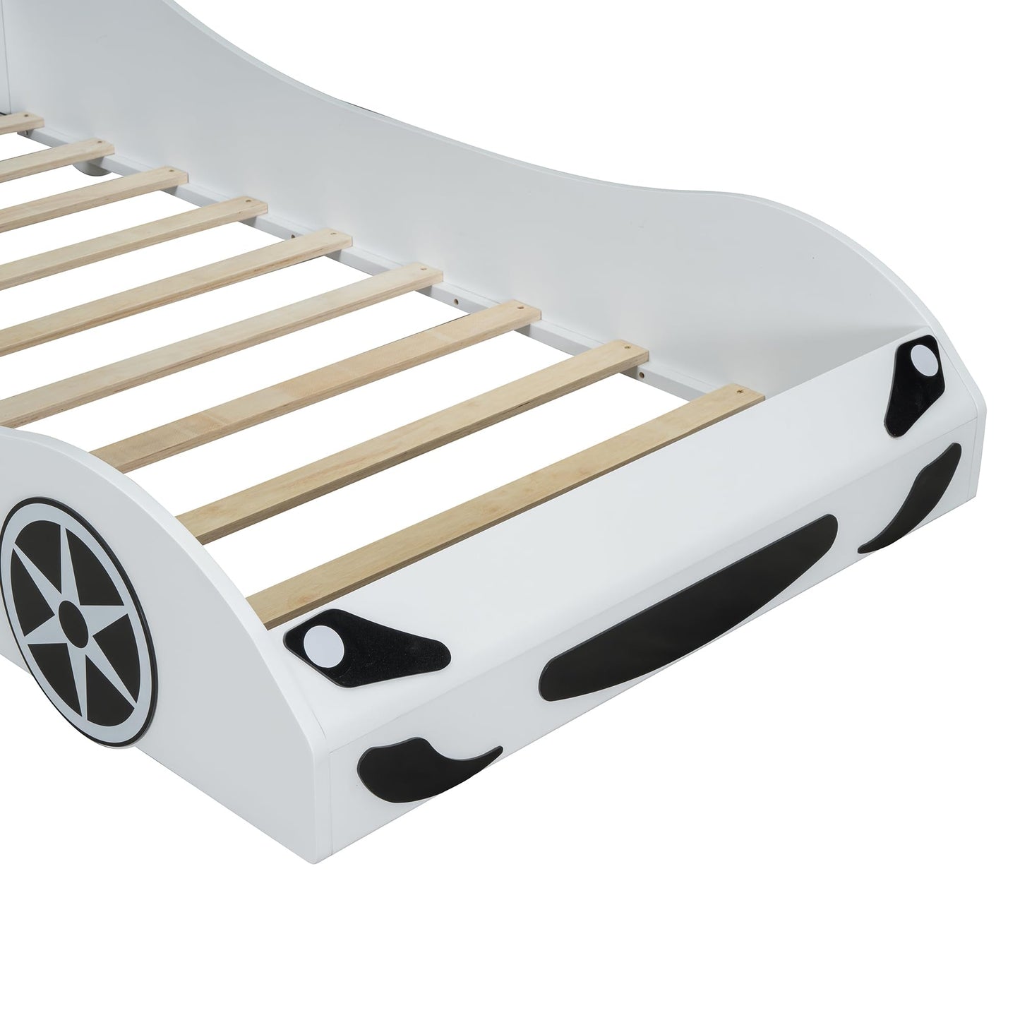 Bellemave Wood Twin Size Race Car-Shaped Platform Bed with LED and Upholstered Backrest, Platform Bed Frame with Race Car-Shaped and Safety Guardrails for Boys, Girls (White)