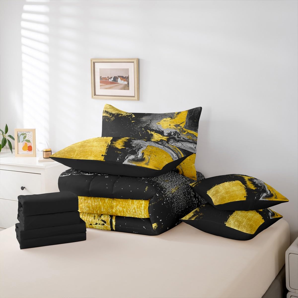 Feelyou Abstract Comforter Set with Sheets 7 Piece King Size Modern Abstract Art Bedding Set for Kids Boys Girls Luxury Bed in a Bag Geometric Room Decor Yellow Black Soft Lightweight Microfiber