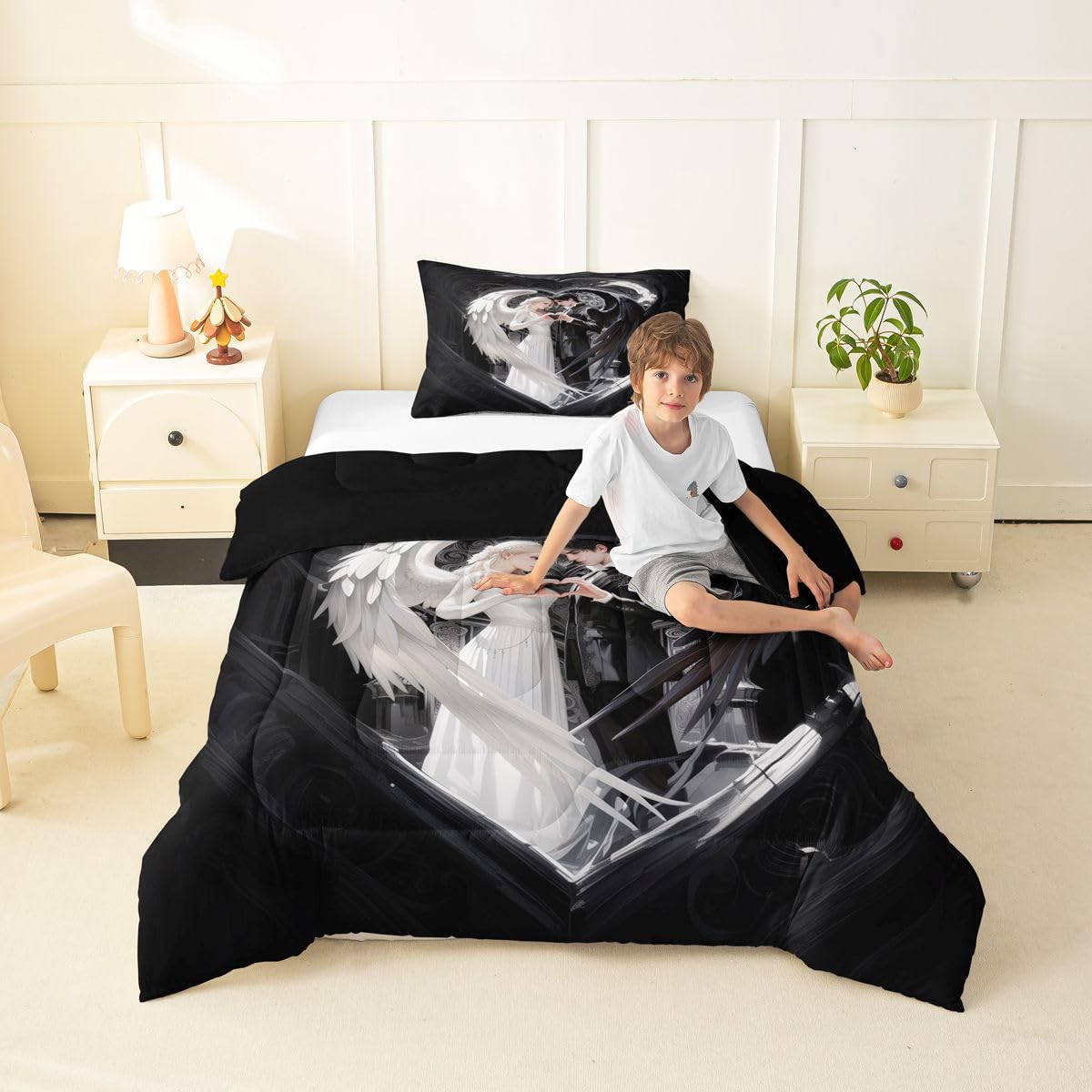 Erosebridal Angel Wings Kids Bedding | Black and White Angel Twin Comforter Sets,Romance Love Comforter Princess Fairy Style Duvet Insert with 1 Pillow Case