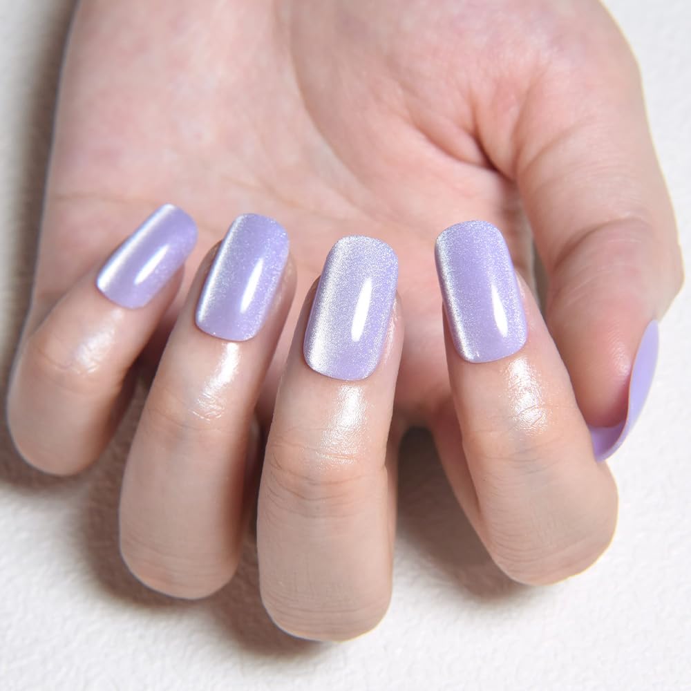Orchid Purple Cat Eye Press on Nails Medium Square, Medium Square Press Stick on Nails Chrome for Women Gift, Orchid Holographic Glitter Glossy Reusable Acrylic Fake Nail with Cateye Effect Designs