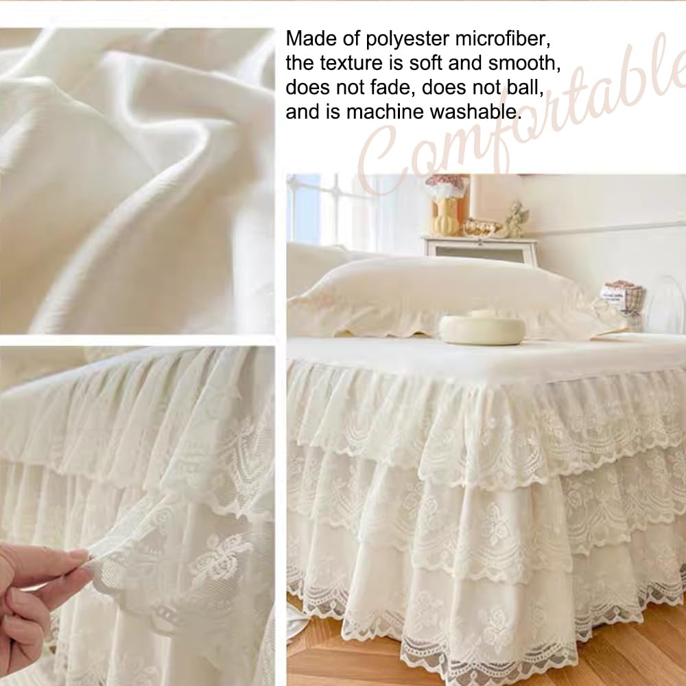 Three Layers Lace Bed Sheet Skirt for Queen Bed - 17in. Drop, Ruffle Bed Skirt Wrap Around Bed Skirt, Anti Wrinkle