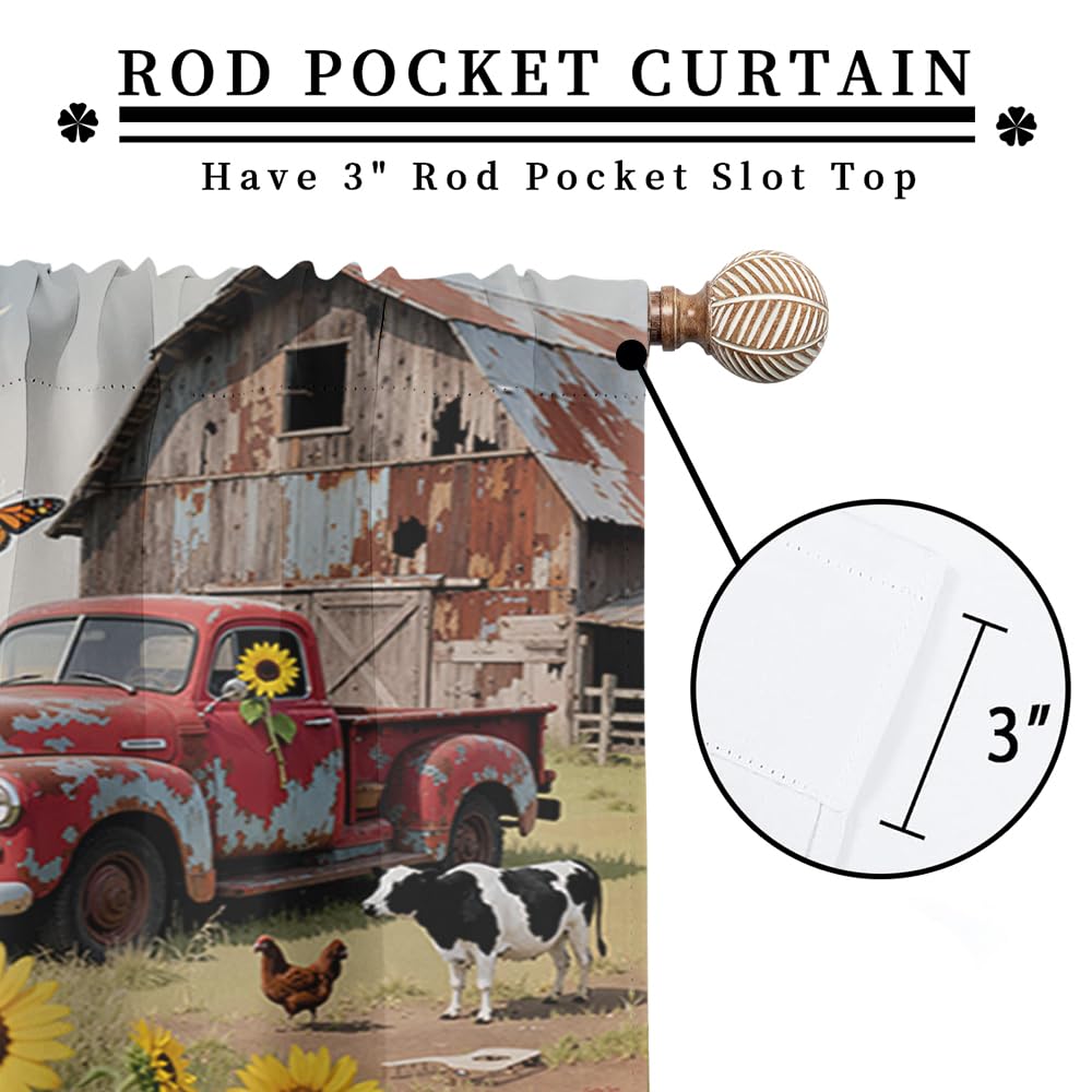 Rustic Farmhouse Red Truck Blackout Curtains-Retro Farm Barn Windmill Rod Pocket Back Tab Drapes,Vintage Country Sunflower Cow Chicken Thermal Insulated Light Blocking Curtain,2pcs,Each 21“W x 45”L