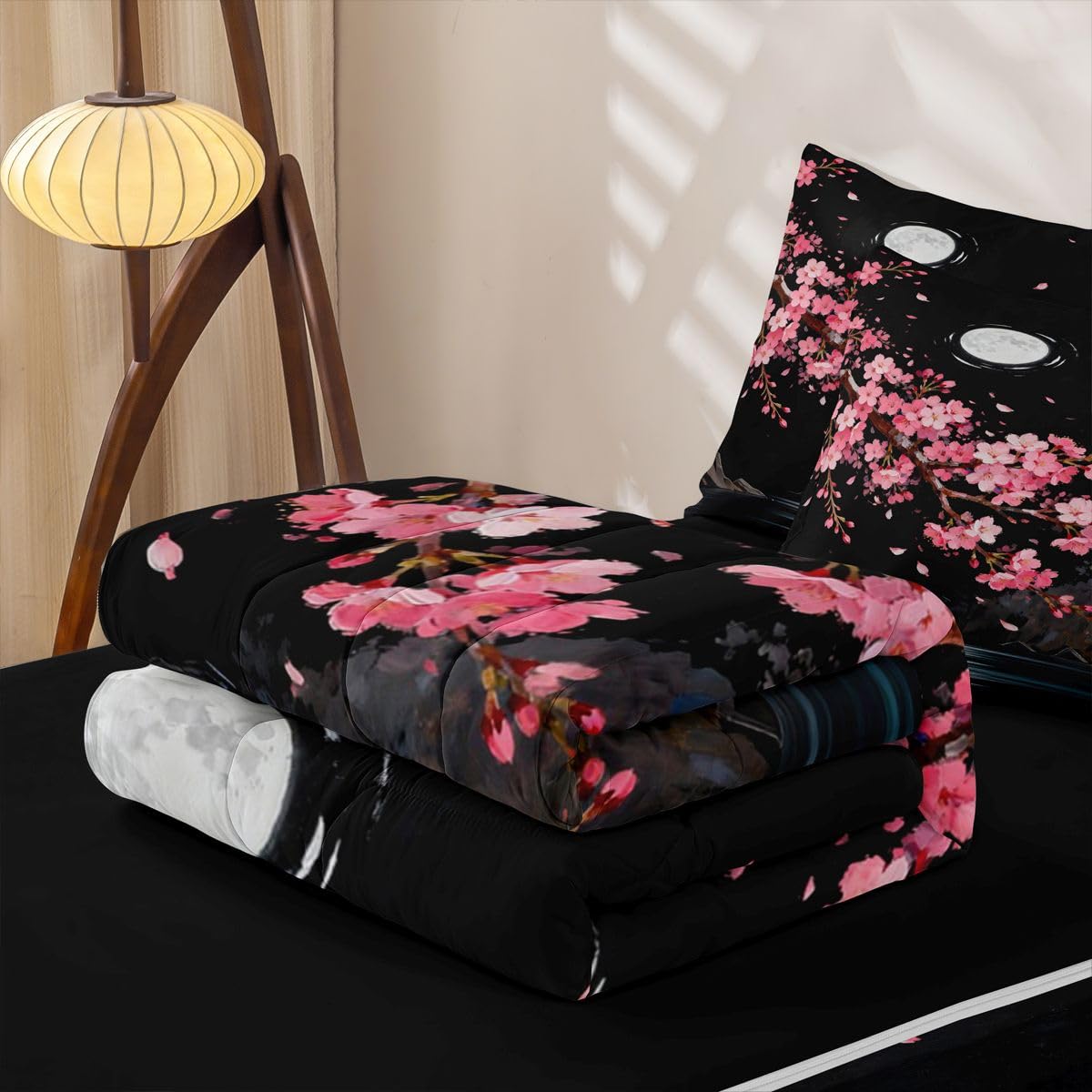jejeloiu Japanese Style Building View Zipper Bedding Twin Pink Cherry Zipper Bedding Sets for Kids Boys Girls Night Moon Comforter Set with Fitted Sheet and 2 Pillowcases Romantic Exotic Bedroom Decor