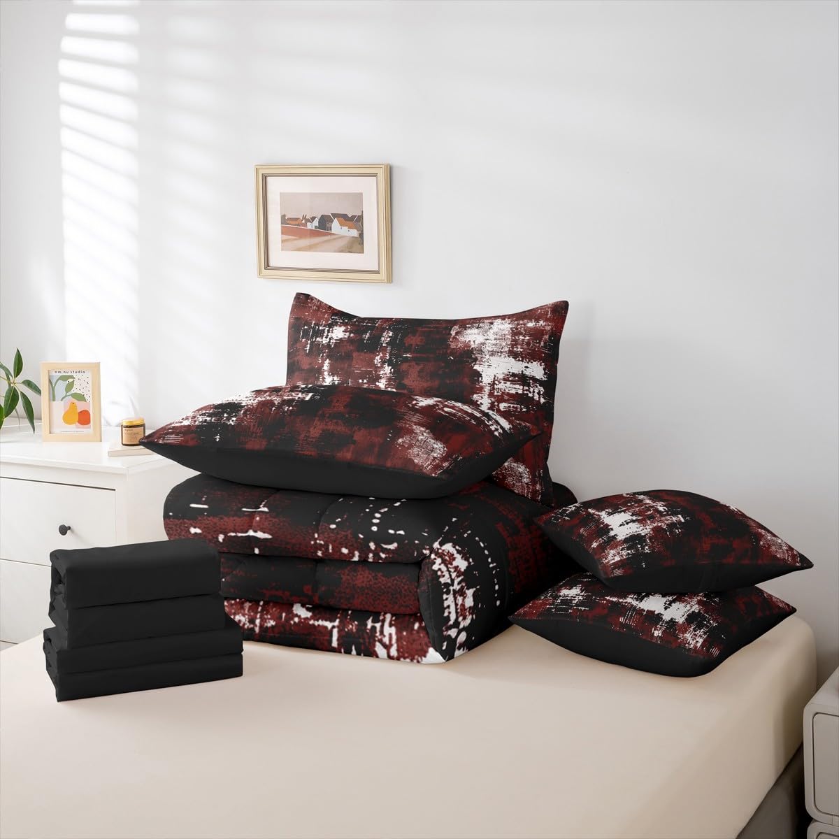 Feelyou Abstract Comforter Set with Sheets 7 Piece Queen Size Modern Abstract Art Bed in a Bag Kids Boys Girls Black Wine Bedding Set Luxury Bedroom Decor Geometric Breathable Soft Microfiber