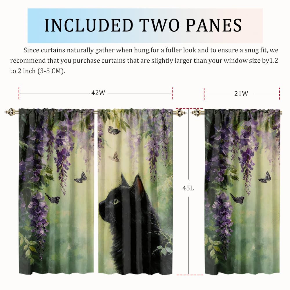 XSUPFLYM Cute Beautiful Spring Cat Window Thermal Curtain for Living Room Colorful Rustic Animals Black Cat Butterflies Plant Lilac Flowers Patt Blackout Curtains for Bedroom 2 Panels Each 21"W x 45"L