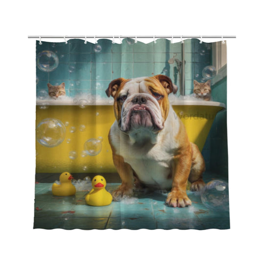 Wordatu Bulldog- Shower Curtain Bathroom Set 72X72 Inches Funny Cat Lovely Animals in Bathtub for Boys Bath Farmhouse Art Home Decor Fabric 12 Hooks