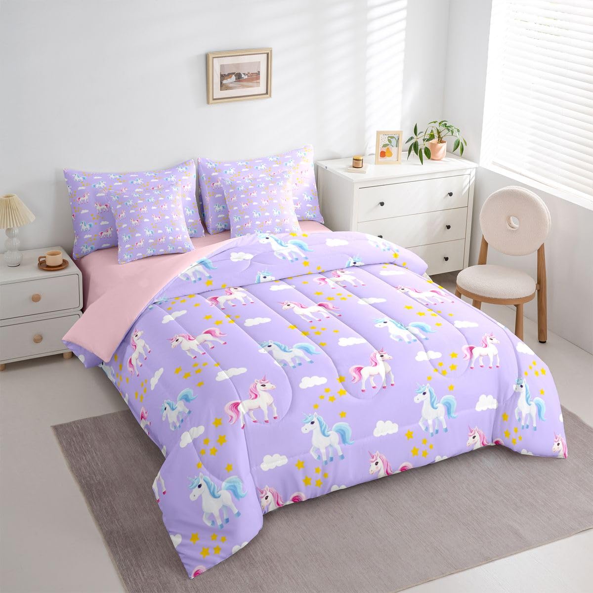 Erosebridal Pink Unicorn 7 Piece Bedding Set King Girly Comforter Set with Sheets Girls Stars Cloud Cute Blue Unicorn Bed in a Bag Princess Purple Dreamy Kawaii for Kids Boys Girls